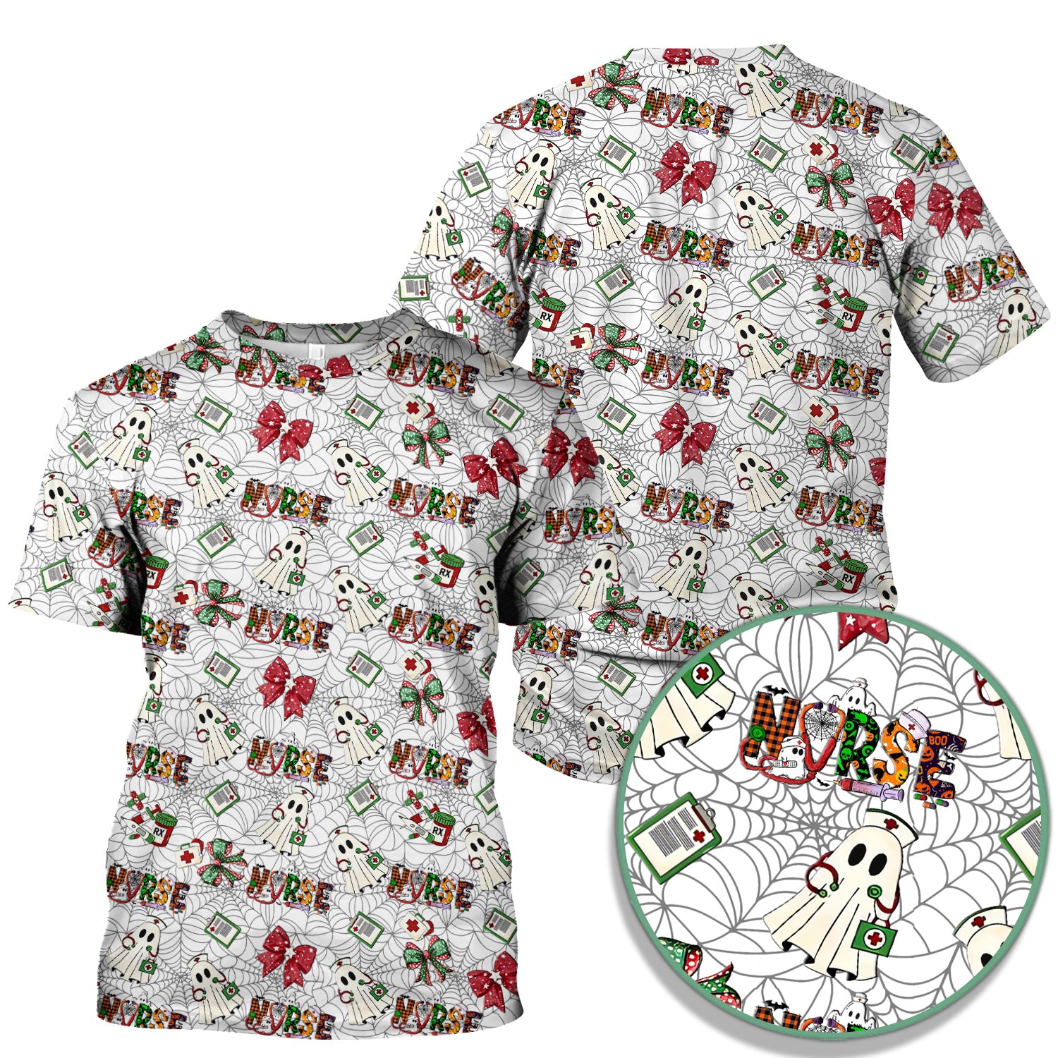 Halloween Nurse Scrub Top for Women - Cute Ghost and Spider Web Scrub Shirt Multi Color - Funny Nursing Work Shirt with Pockets