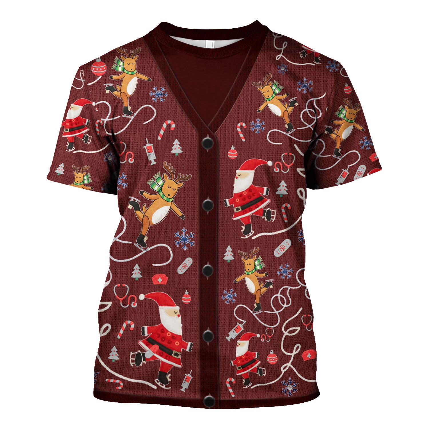 Christmas Reindeer Santa Nurse Scrub Top, Cute Holiday Medical Uniform Shirt for Women