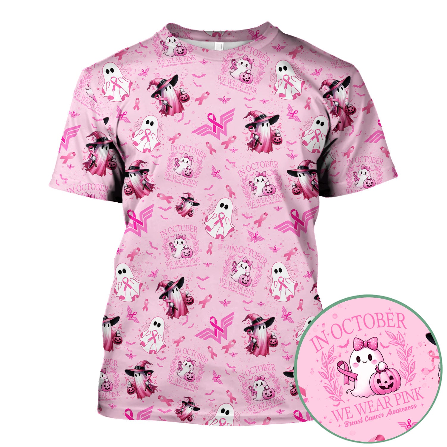 Halloween Breast Cancer Awareness Scrub Top - In October We Wear Pink Nurse Shirt - Cute Ghost Witch Pink Ribbon Medical Uniform