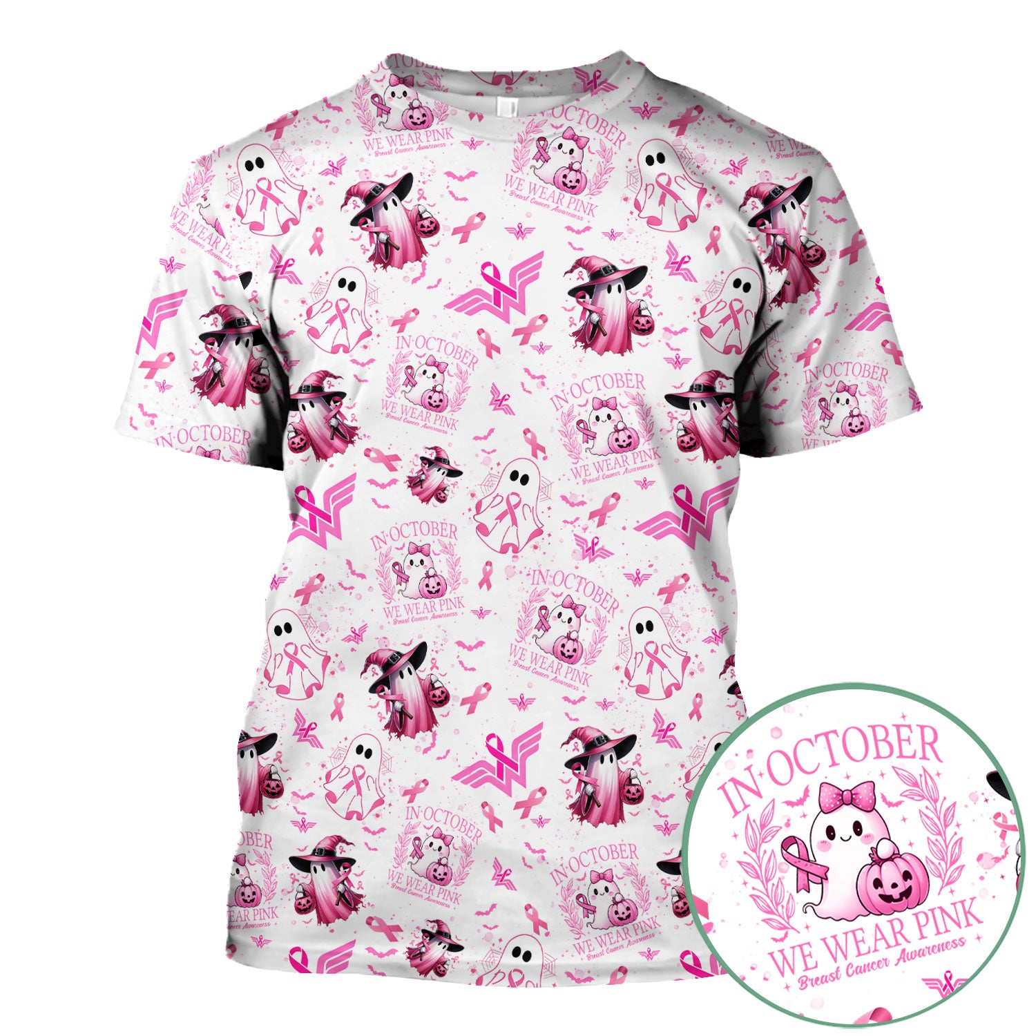 Pink Halloween Scrub Top for Nurses - In October We Wear Pink Breast Cancer Awareness Shirt - Cute Ghost Witch Gift for RN CNA LPN