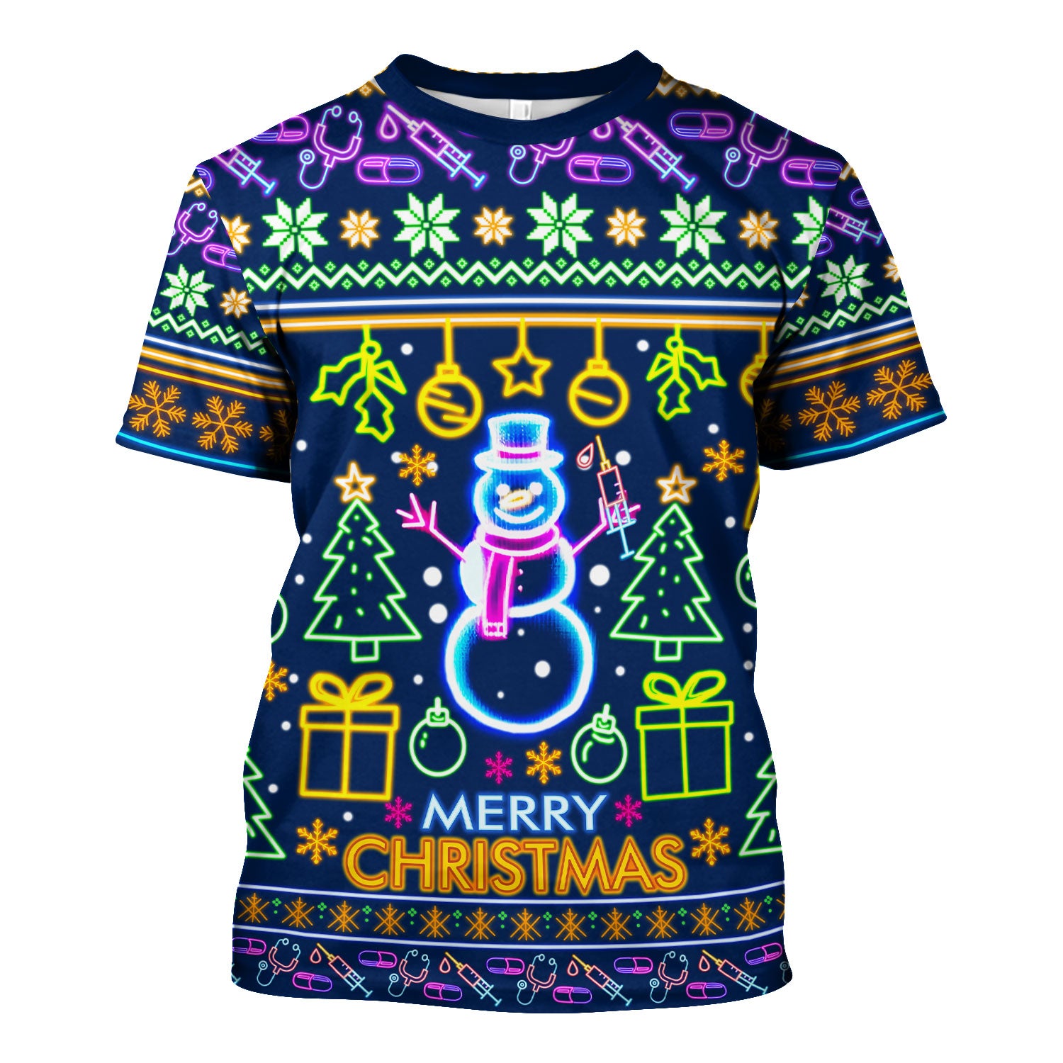 Neon Snowman Christmas Scrub Top for Nurses - Merry Christmas Holiday Lights Pattern - Funny Festive Medical Uniform for RN LPN CNA