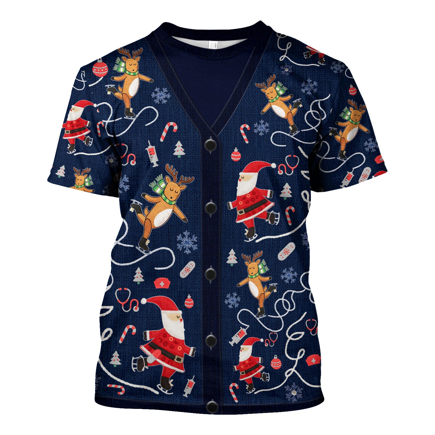 Christmas Reindeer Santa Nurse Scrub Top, Cute Holiday Medical Uniform Shirt for Women
