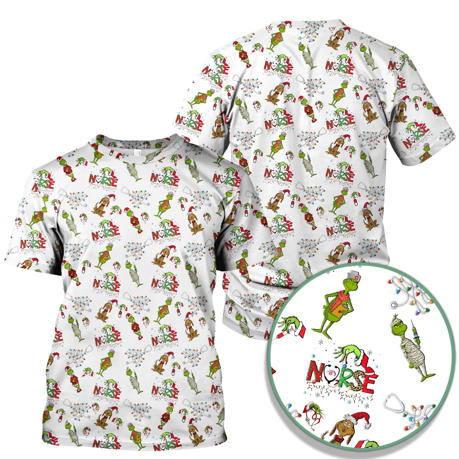 Grinch Christmas Nurse Scrub Shirt - Funny Holiday Scrub Top for Women - Multi Color Nursing Work Shirt with Pockets