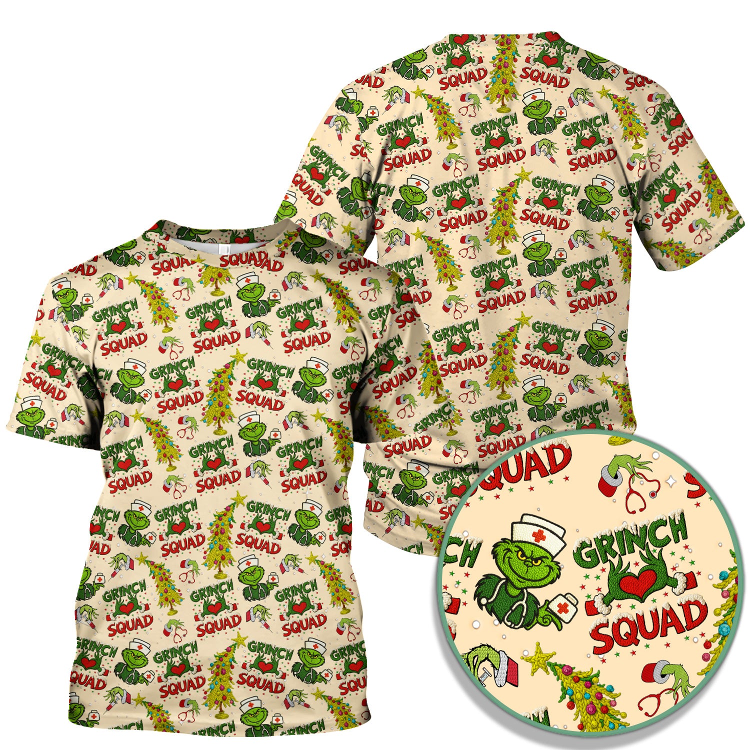 Grinch Squad Christmas Scrub Shirt - Funny Holiday Scrub Top for Nurses - Multi Color Nursing Work Shirt with Pockets