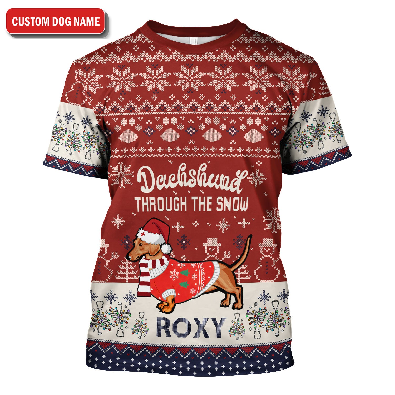 Funny Wiener Dog Christmas Ugly Scrub Top - Custom Name Dachshund Through The Snow - Cute Holiday Medical Uniform