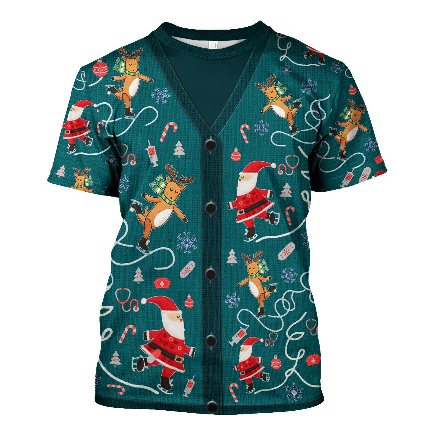 Christmas Reindeer Santa Nurse Scrub Top, Cute Holiday Medical Uniform Shirt for Women