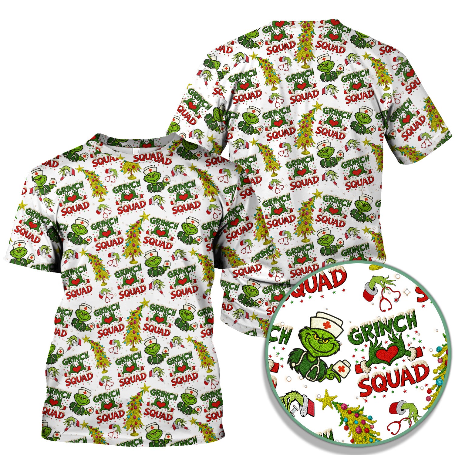 Christmas Nurse Scrub Top for Women - Funny Grinch Squad Scrub Shirt Multi Color - Cute Holiday Nursing Work Shirt with Pockets