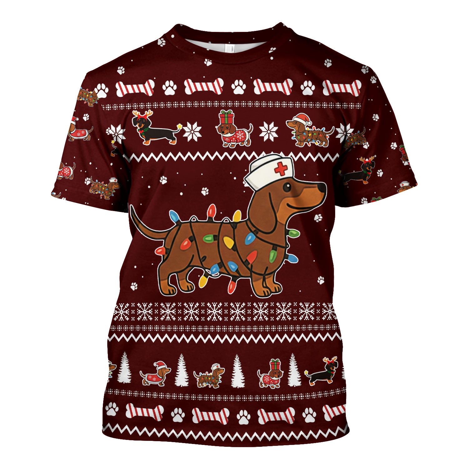 Christmas Dachshund Nurse Scrub Top for Women - Cute Sausage Dog Wearing Lights - Funny Holiday Medical Shirt Gift for RN CNA LPN