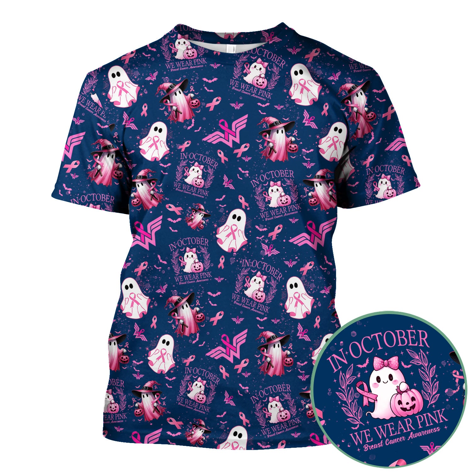 Halloween Breast Cancer Awareness Scrub Top - In October We Wear Pink Nurse Shirt - Cute Ghost Witch Pink Ribbon Medical Uniform
