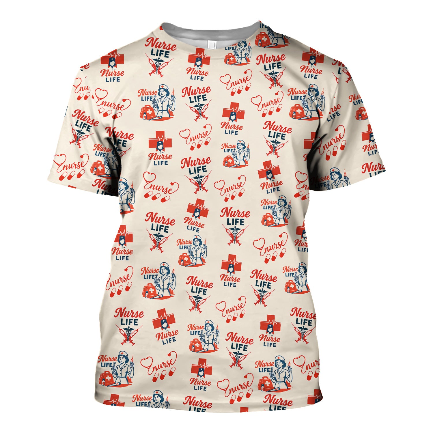 Vintage Nurse Life T-Shirt - All-Over Print Medical Icons Graphic Tee - Medical Gift for RN, LPN, CNA