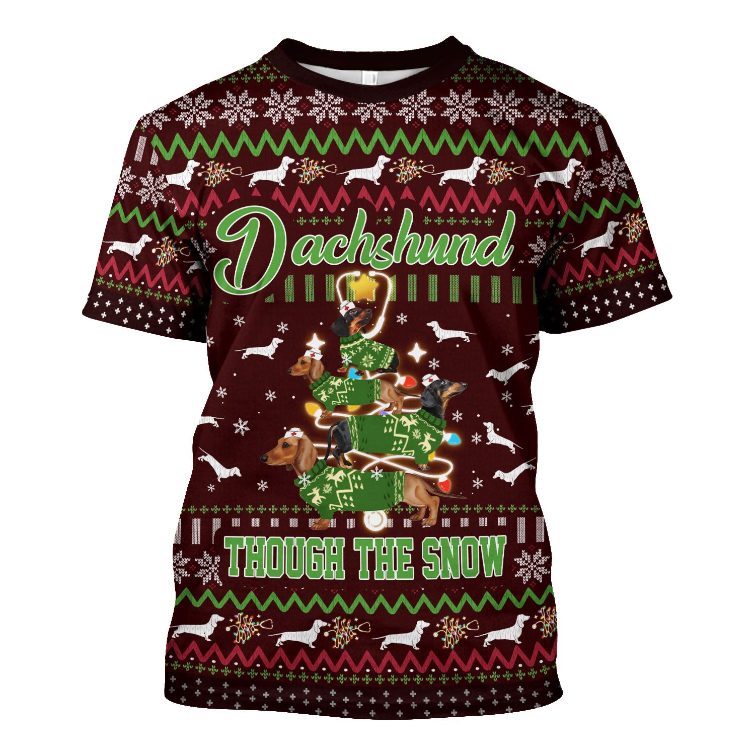 Dachshund Through The Snow Christmas Scrub Top - Funny Sausage Dog Xmas Tree Nurse Shirt - Cute Holiday Medical Uniform