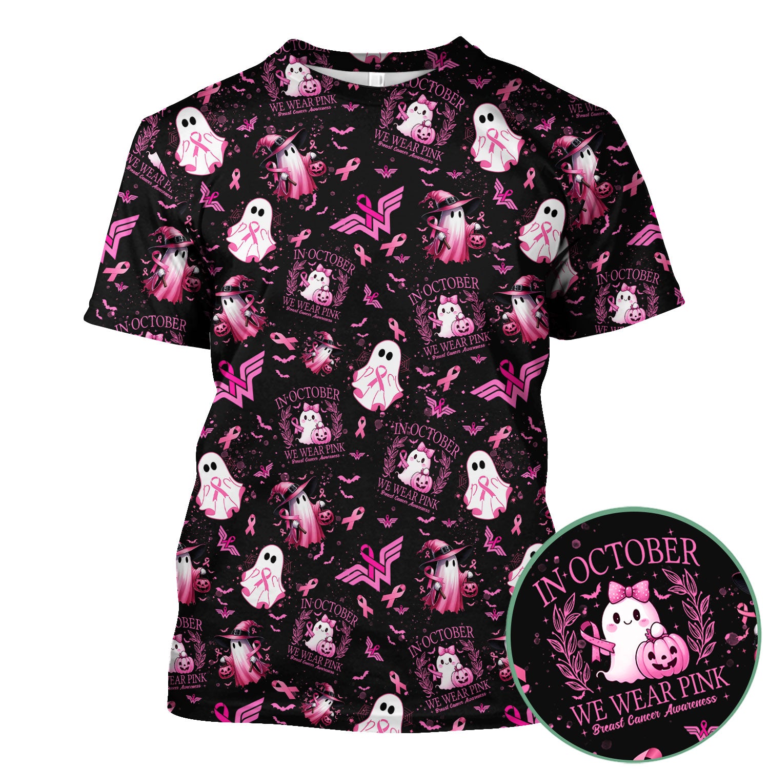 Pink Halloween Scrub Top for Nurses - In October We Wear Pink Breast Cancer Awareness Shirt - Cute Ghost Witch Gift for RN CNA LPN