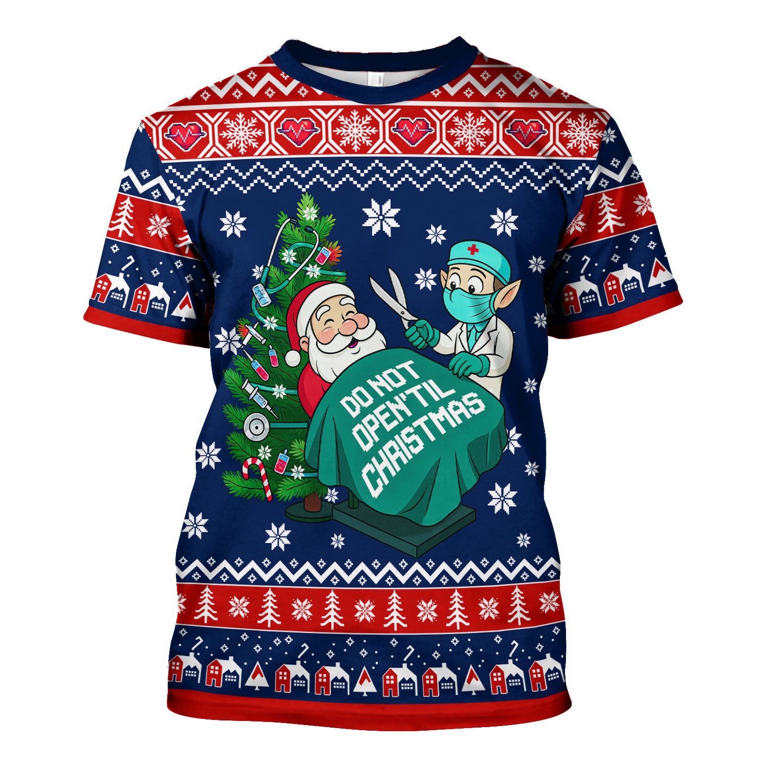 Funny Scrub Top for Women - Do Not Open Til Christmas Santa and Elf - Holiday Medical Uniform Gift for RN LPN CNA