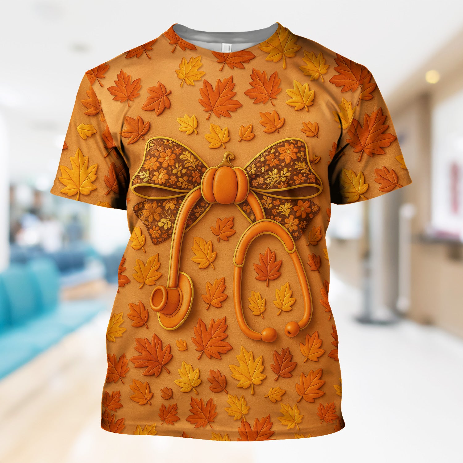 Autumn Pumpkin Nurse Shirt - Fall Leaves Stethoscope Medical Tee - CNA RN LPN Healthcare Worker Gift
