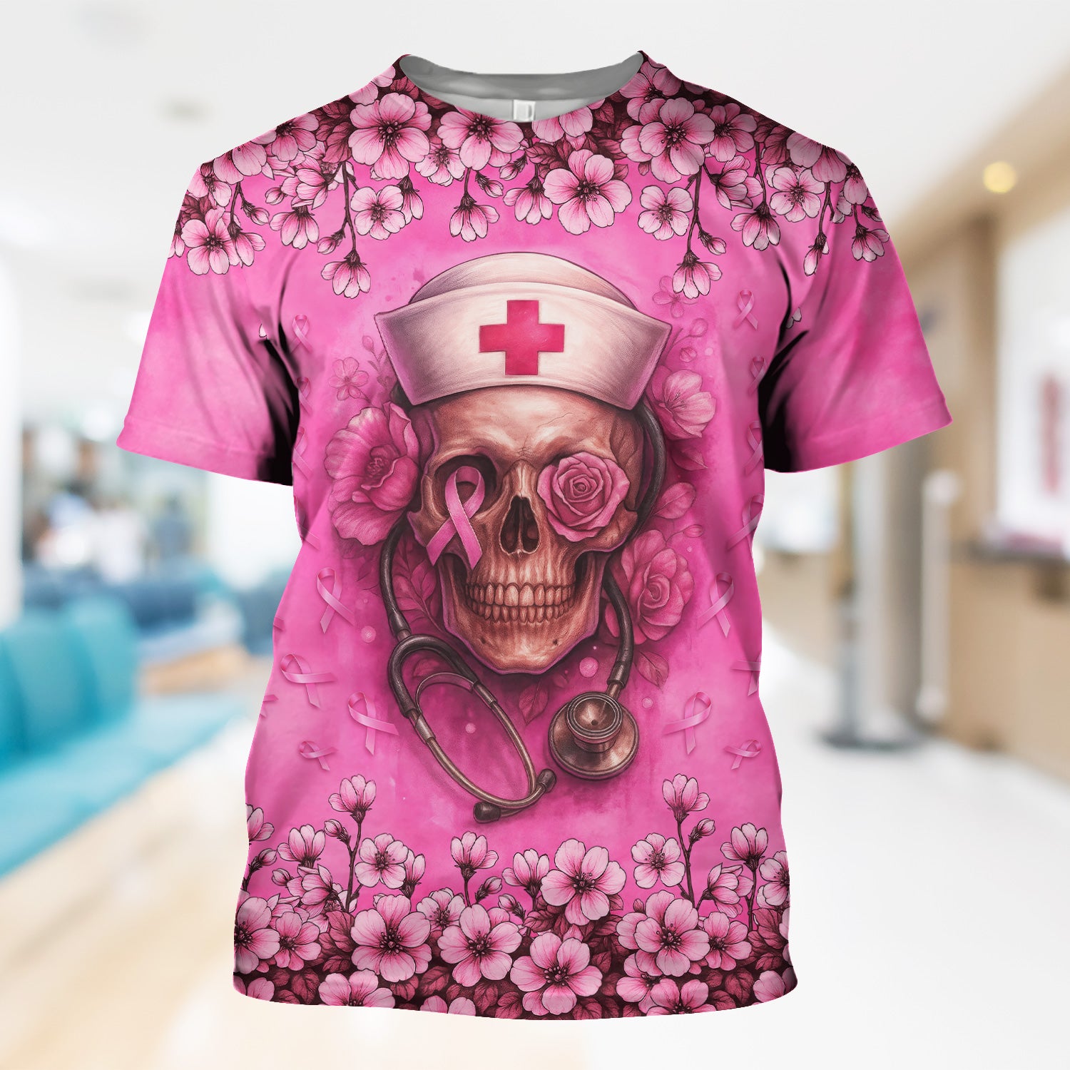 Nurse Sugar Skull Scrub Top - Floral Breast Cancer Awareness Medical Uniform - Pink Ribbon Shirt for Women - Gift for RN LPN CNA