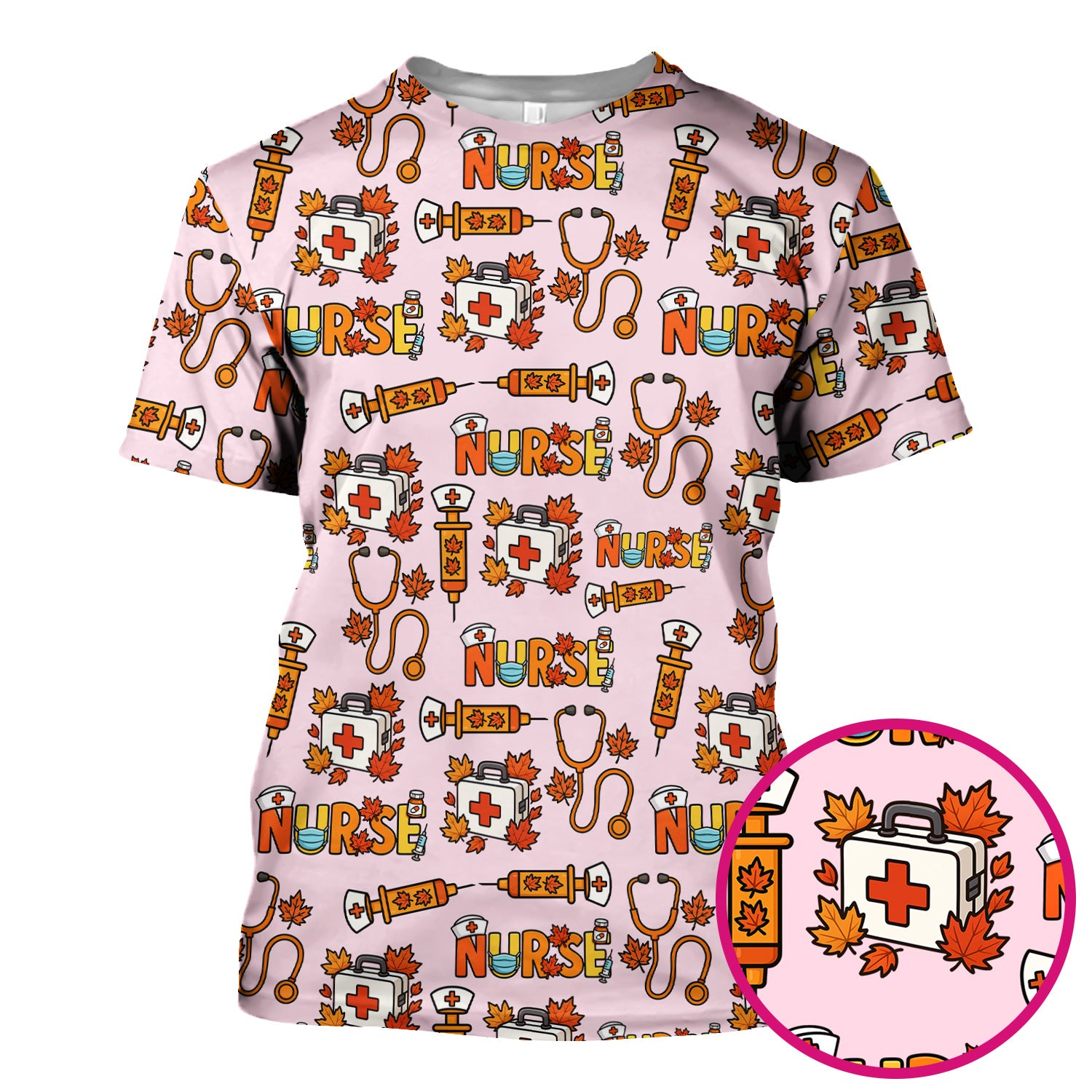 Autumn Nurse Scrub Top Multi Color - Fall Themed Nursing Shirt with Pockets - Cute Maple Leaf Medical Scrubs for Women