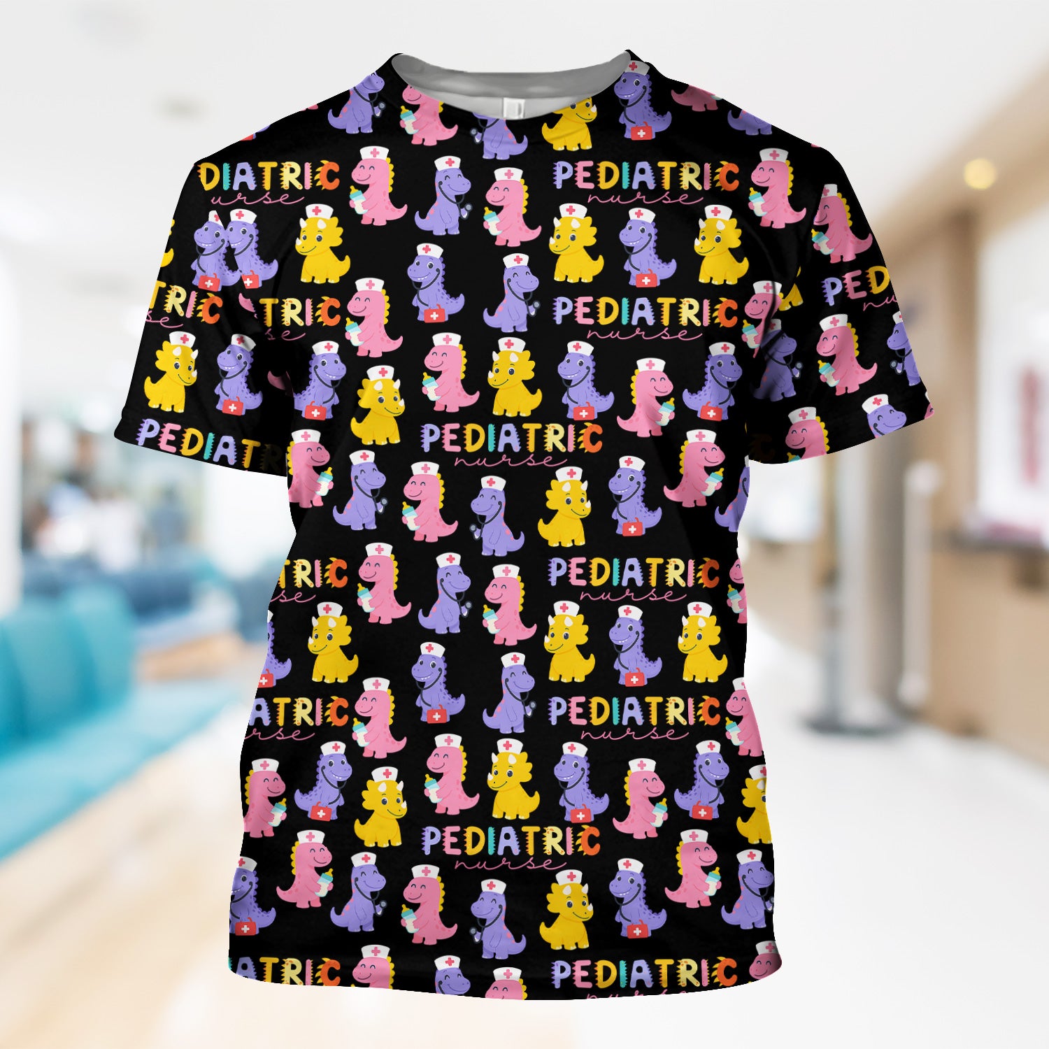 Personalized Cute Pediatric Nurse Scrub Top - Funny Dinosaur Pattern  Design - Multiple Color Options Gift for Women PEDS RN LPN