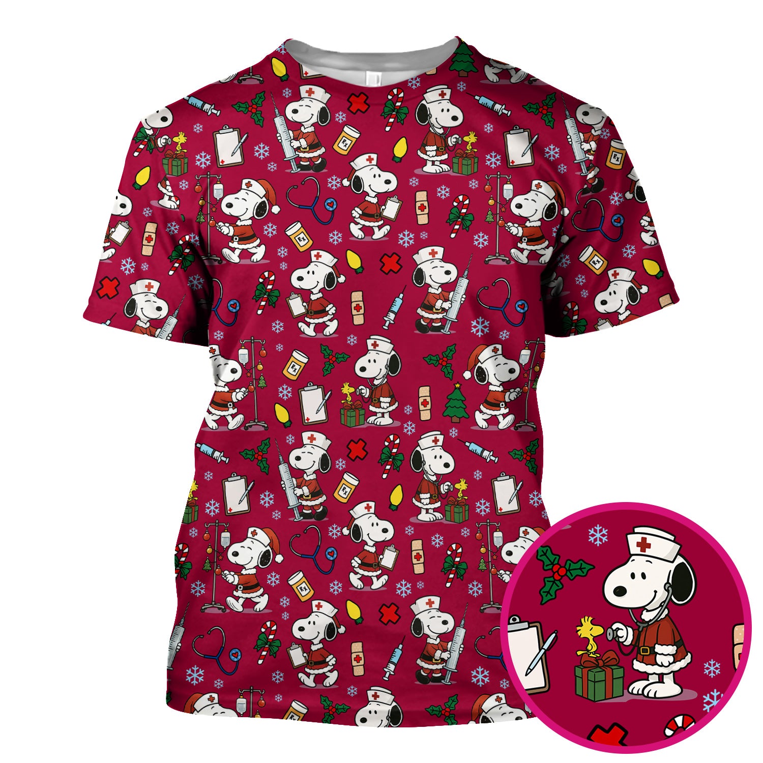 Custom Christmas Scrub Top for Nurses - Snoopy Holiday Scrub Shirt Multi Color - Cute Funny Nursing Workwear with Pockets