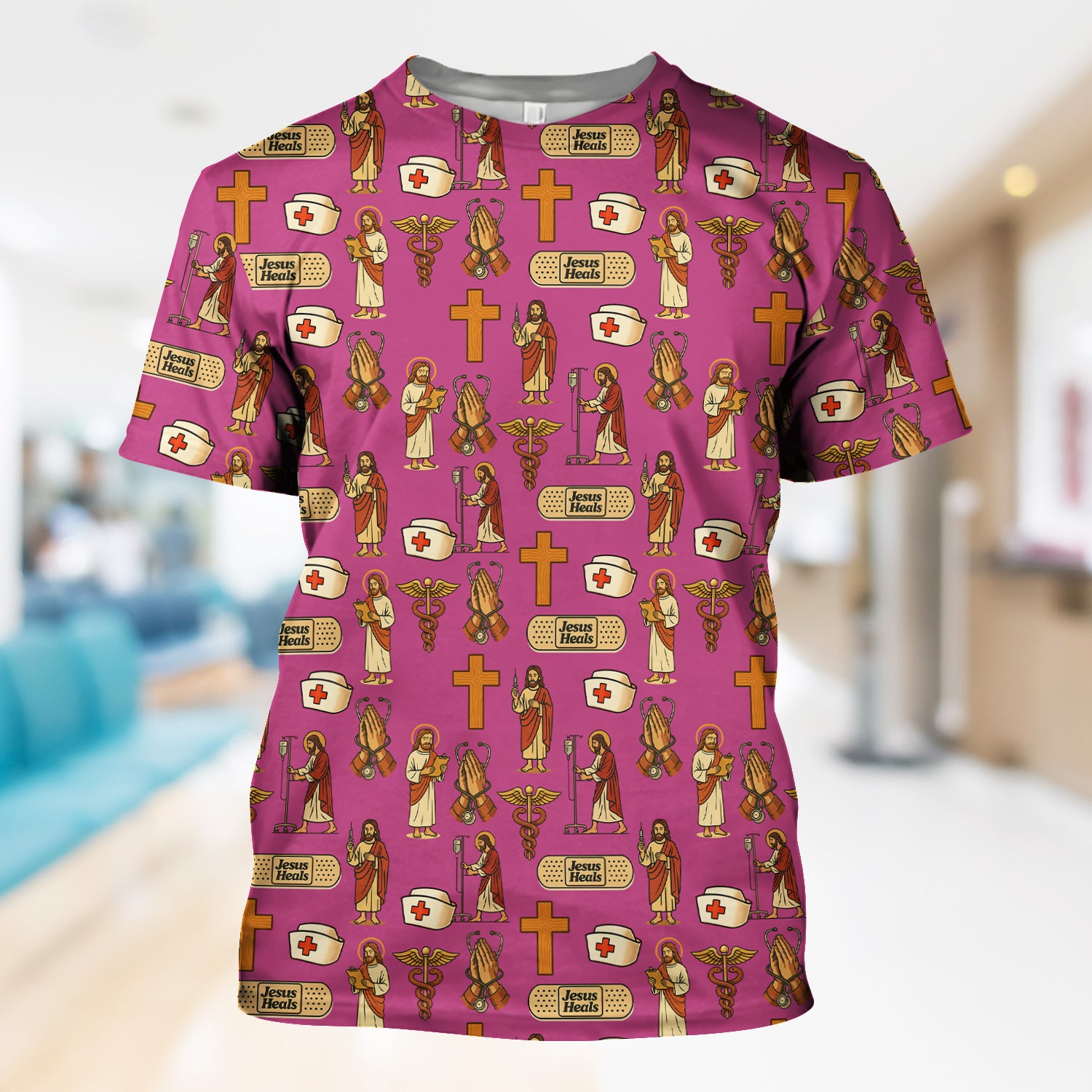 Funny Jesus Nurse Scrub - Jesus with Syringe & Praying Hands Graphic Design - Gift for Women RN LPN & Healthcare Workers