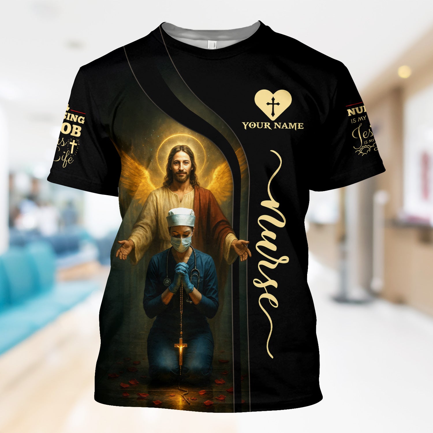 Custom Faith Nurse Scrub - Jesus Watching Over Praying Nurse Graphic Design - RN LPN CNA Healthcare Workers Gift