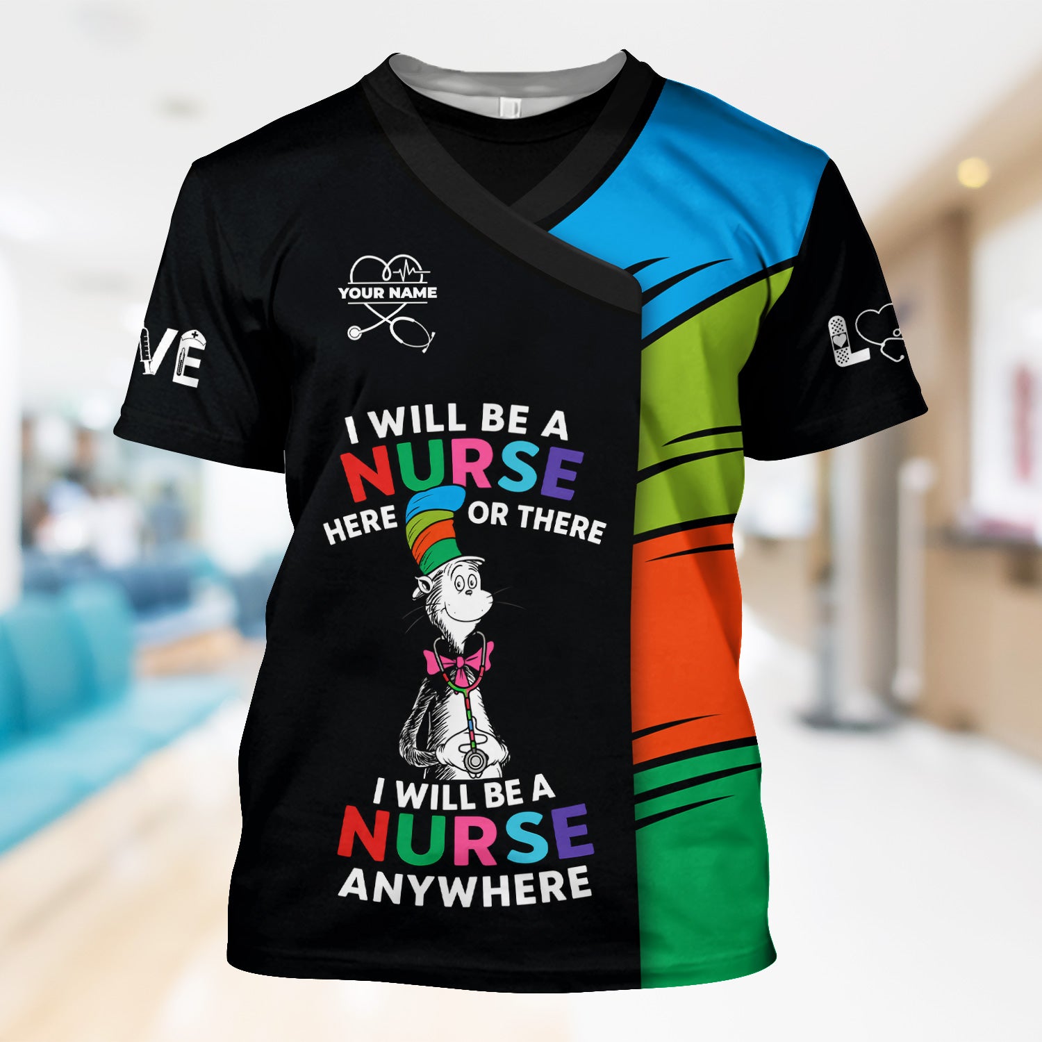 Personalized Funny Nurse Scrub Top - I Will Be A Nurse Anywhere Rhyming Quote - Gift for Women RN LPN & Nursing Students