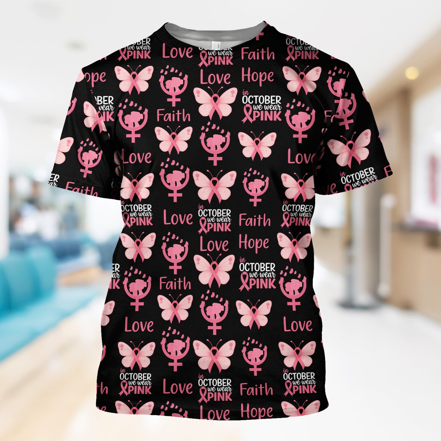 Breast Cancer Awareness Nurse Scrub Top - Faith Hope Love & Pink Ribbon Butterfly Design - October Gift for RN LPN CNA