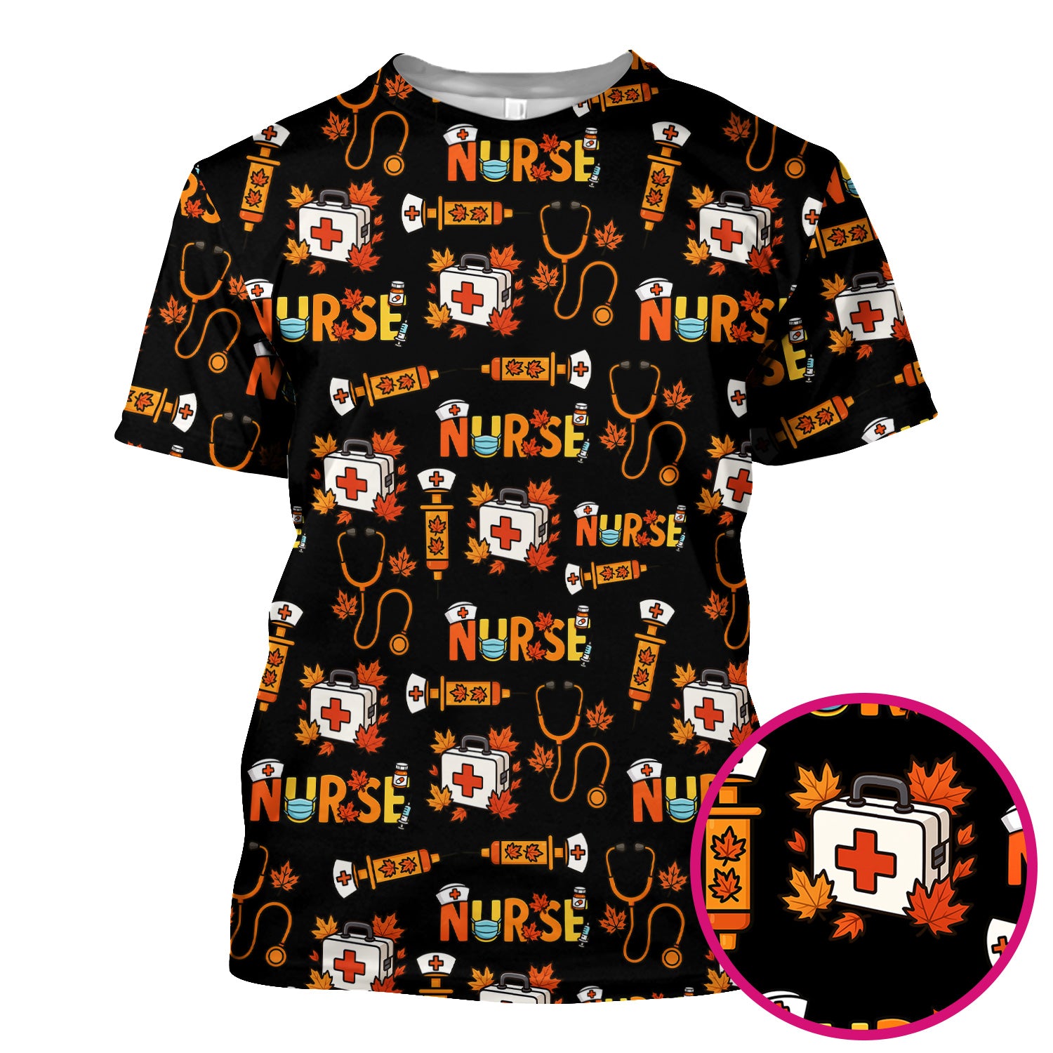 Autumn Nurse Scrub Top Multi Color - Fall Themed Nursing Shirt with Pockets - Cute Maple Leaf Medical Scrubs for Women