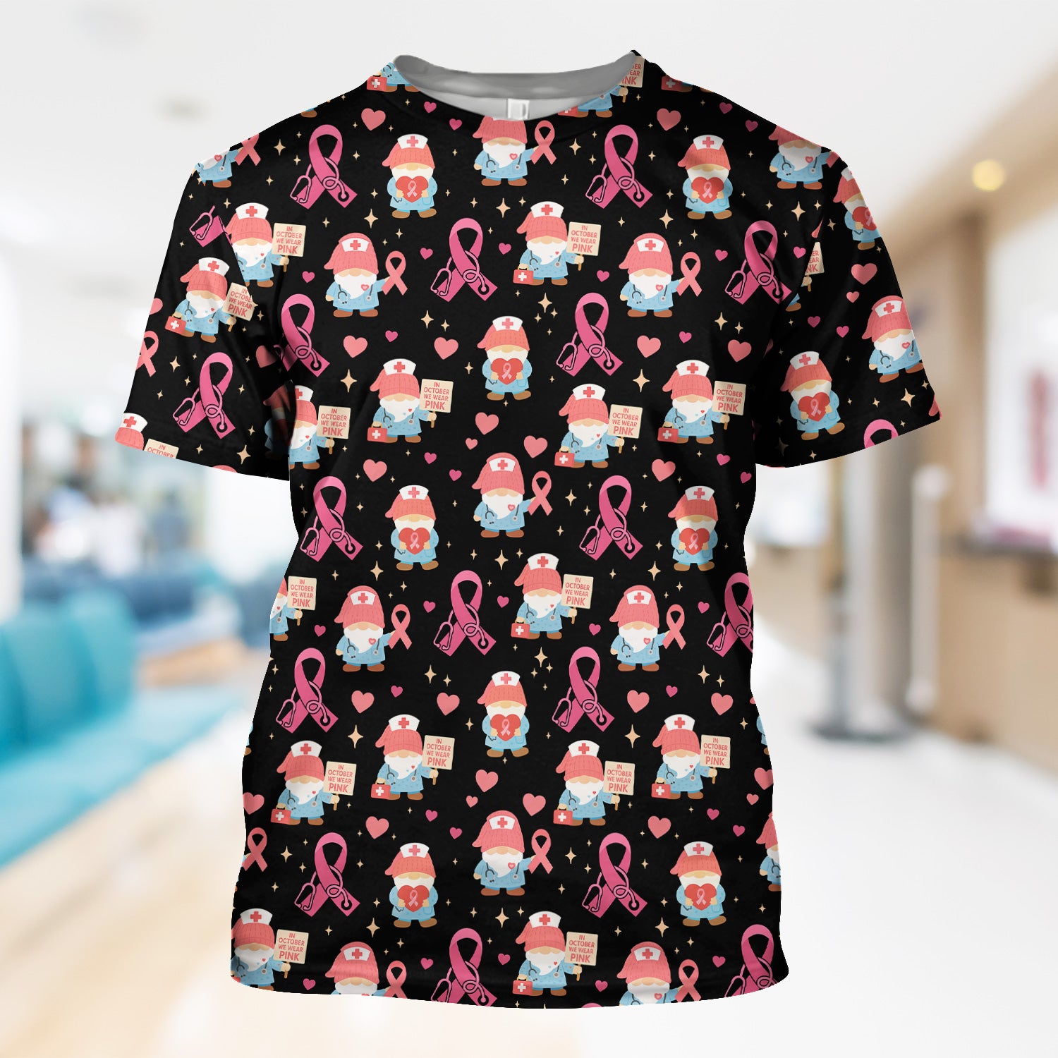 Breast Cancer Awareness Nurse Scrub - Pink Ribbon Nursing Top with Gnome - Gift for Healthcare Workers RN LPN