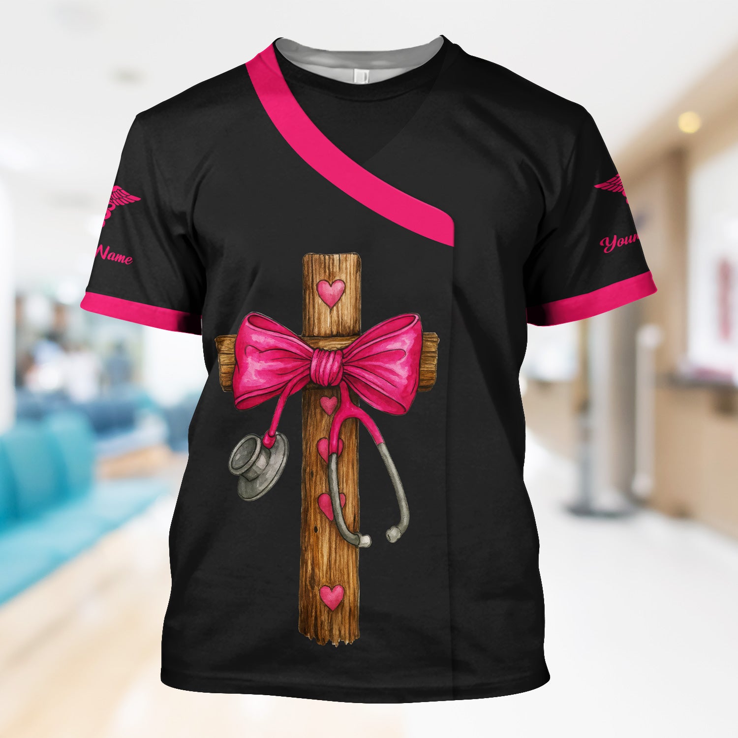 Personalized Nurse Prayer Quote Scrub Top - Custom Cross & Stethoscope Design - RN LPN CNA Healthcare Workers Gift