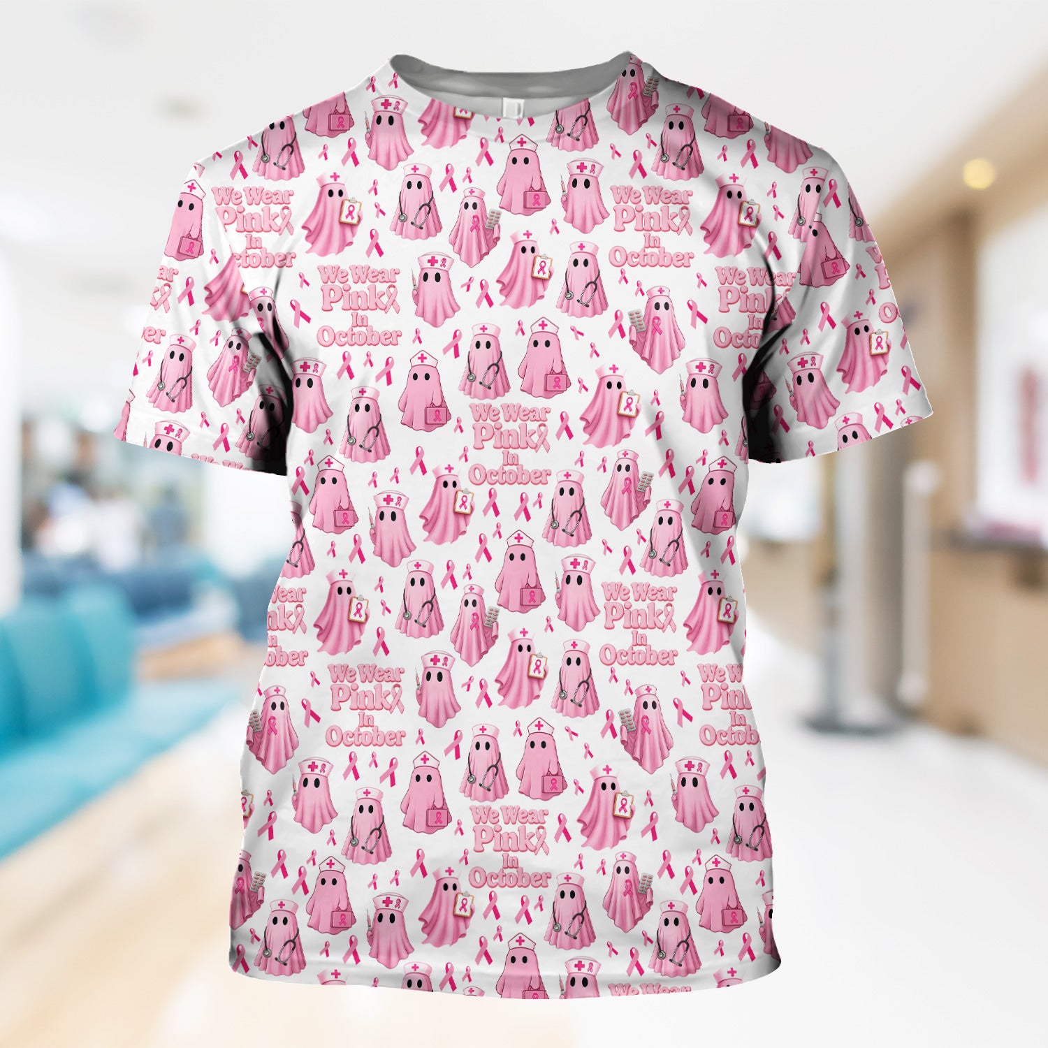 Funny Breast Cancer Awareness Scrub Top - We Wear Pink In October & Ghost Nurse Design - Gift for RN LPN CNA