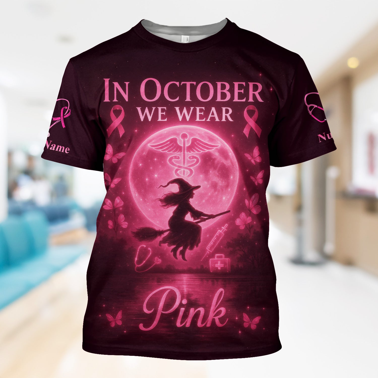 Custom Pink Ribbon Nurse Shirt for Women - Breast Cancer Awareness Halloween Tee - Gift for RN LPN CNA