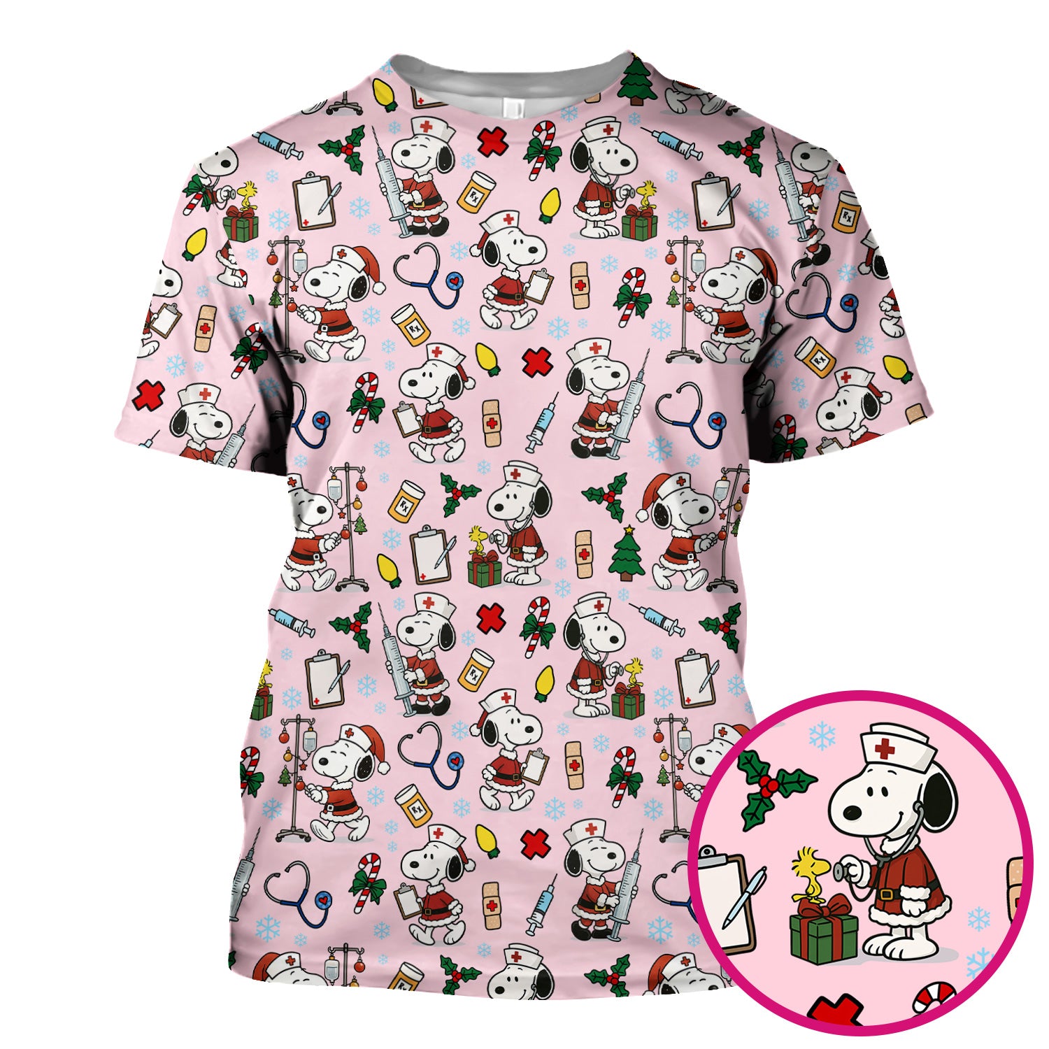 Custom Christmas Scrub Top for Nurses - Snoopy Holiday Scrub Shirt Multi Color - Cute Funny Nursing Workwear with Pockets
