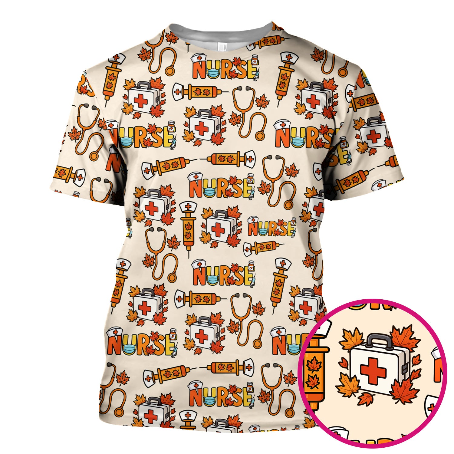 Autumn Nurse Scrub Top Multi Color - Fall Themed Nursing Shirt with Pockets - Cute Maple Leaf Medical Scrubs for Women