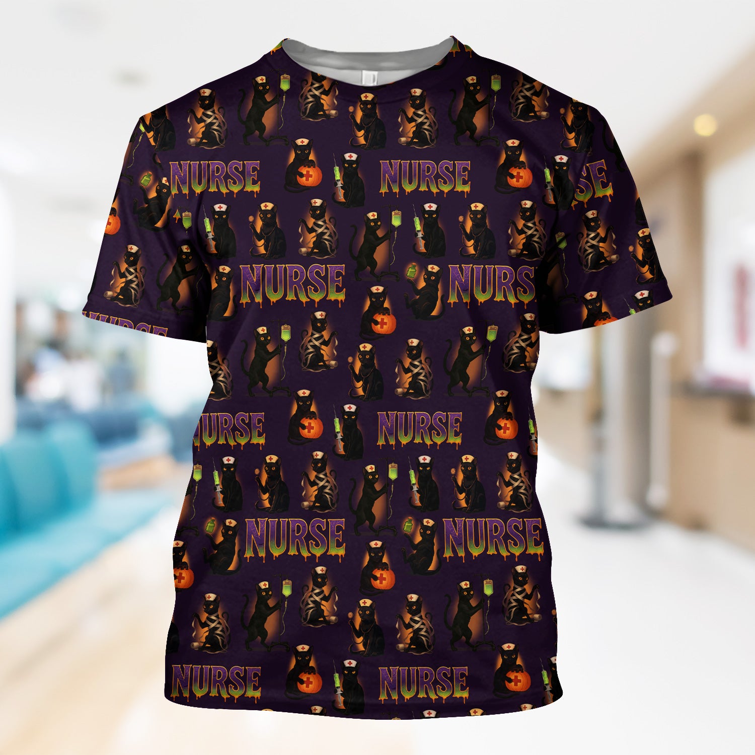 Halloween Nurse Scrub Top for Women - Cute Black Cat and Pumpkin Medical Design - Spooky Gift for RN LPN CNA