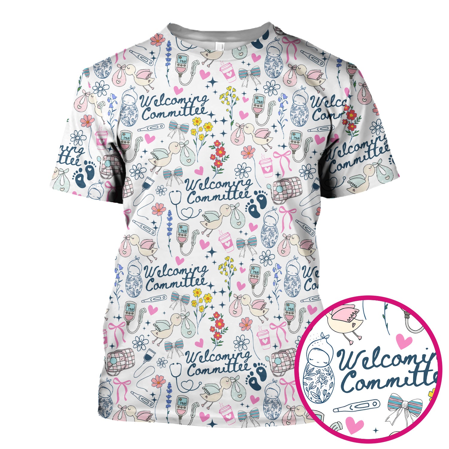 Funny NICU Nurse Tee - Cute Baby Feet & Floral Stork Pattern Graphic - Gift for Women RN LPN