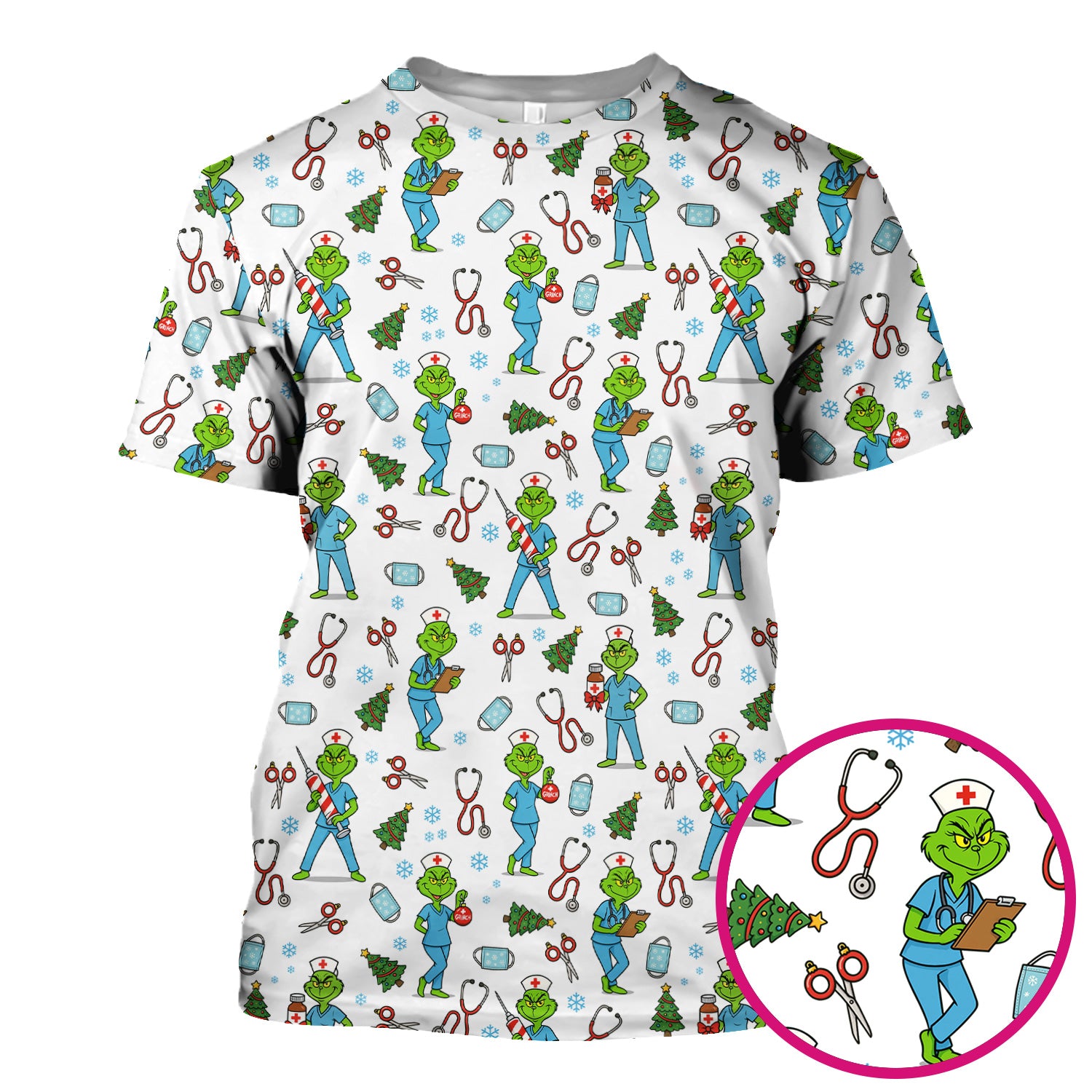 Grinch Christmas Scrub Top for Nurses - Funny Medical Workwear Top - RN LPN CNA Gift