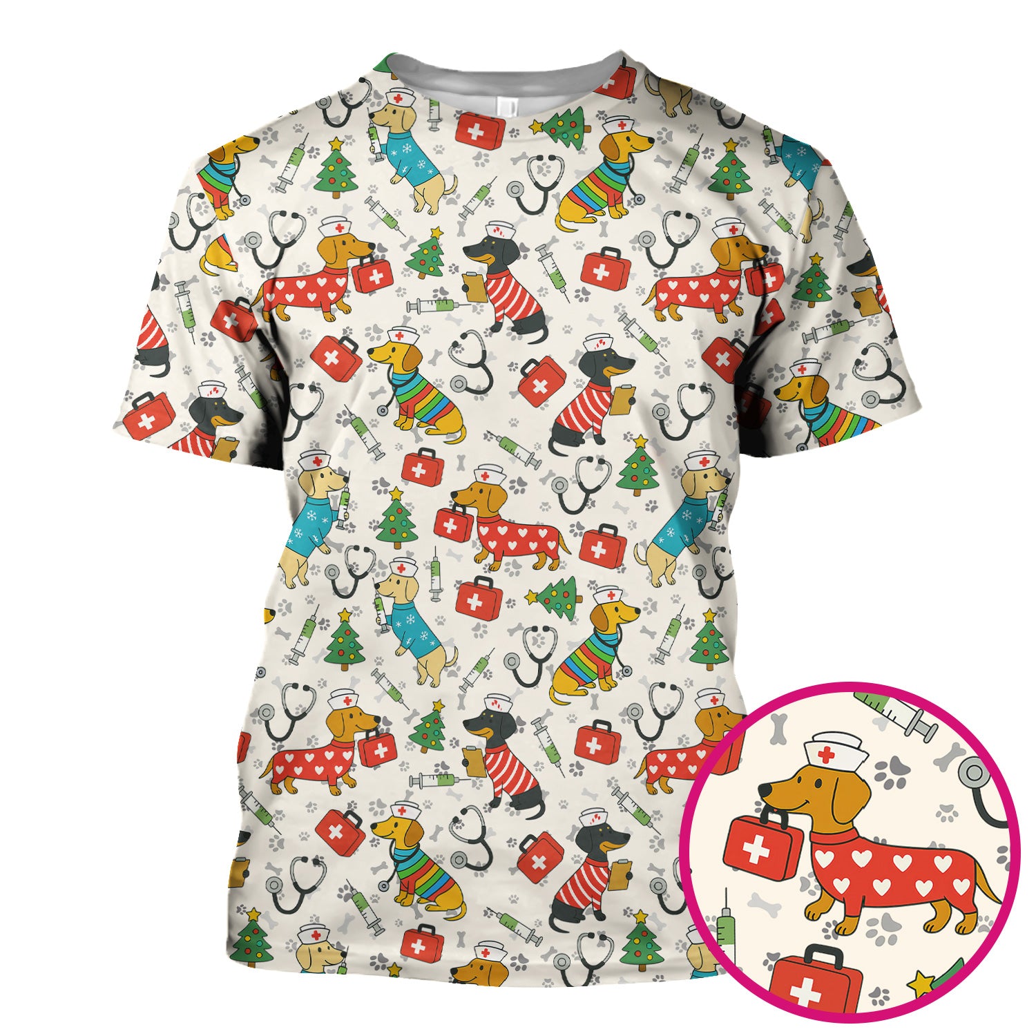 Christmas Dachshund Scrub Top - Funny Dog Nurse Scrubs Multi Color - Holiday Scrub Shirt Gift for Women Men, CNA, RN, Medical Professional