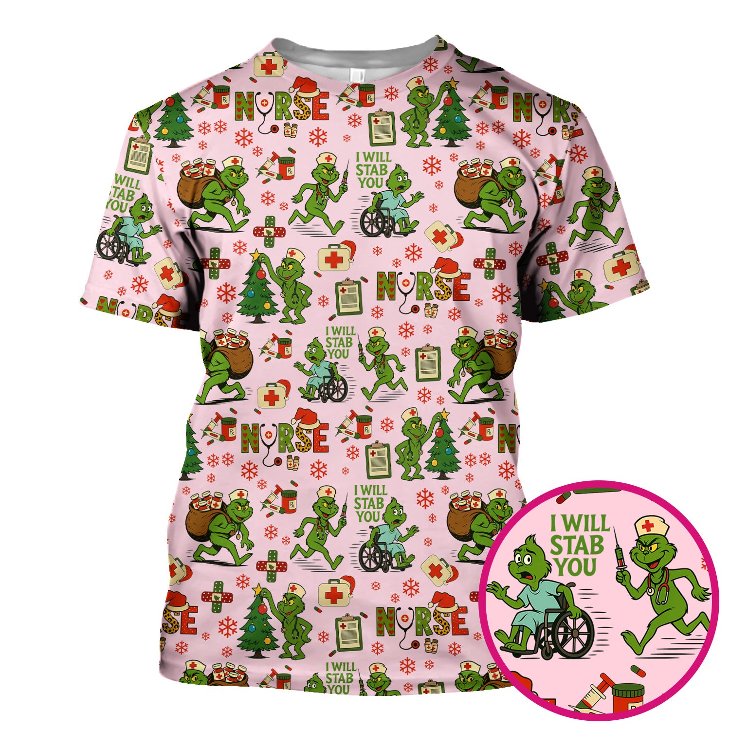 Funny Grinch Nurse Scrub Top for Women - Christmas Scrub Shirt with I Will Stab You Quote - Cute Holiday Nursing Work Shirt with Pockets