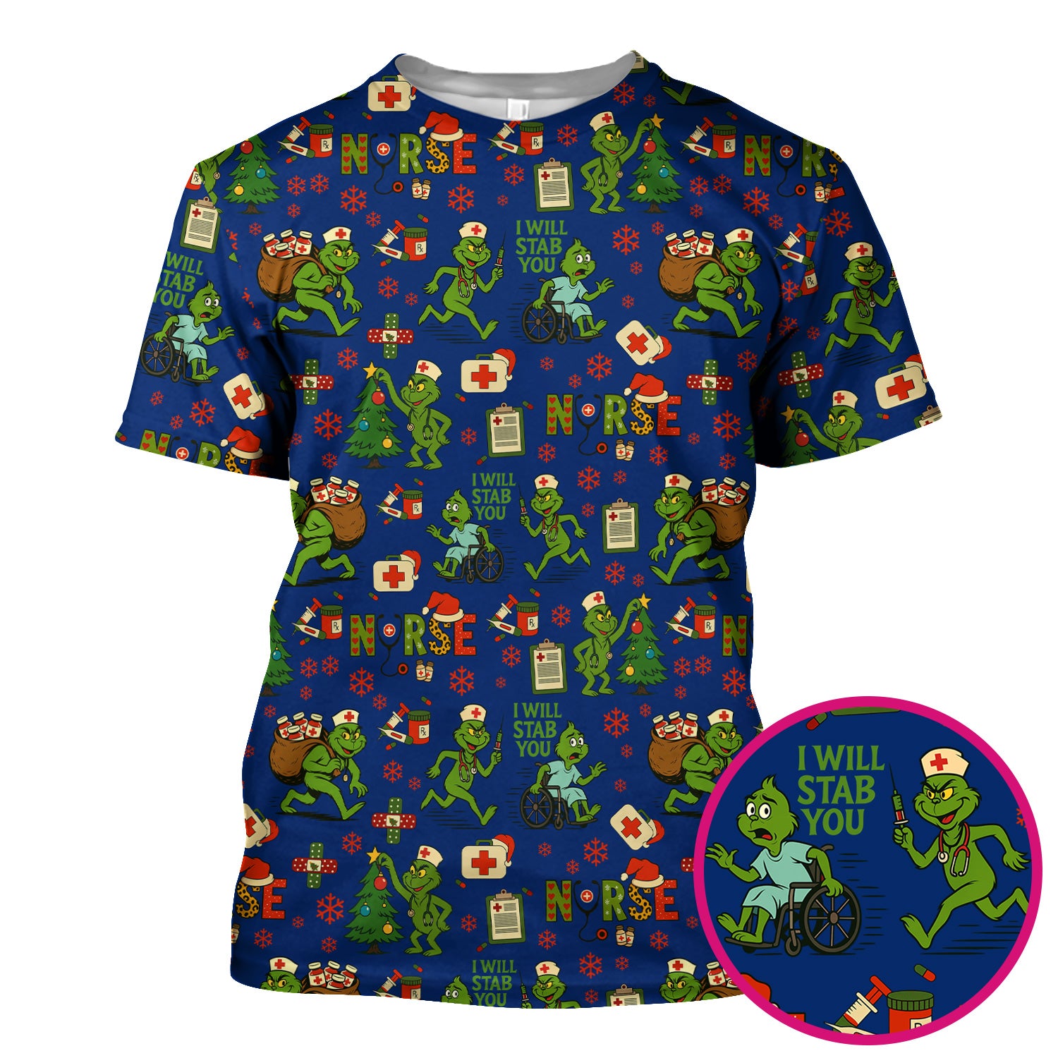 Funny Grinch Nurse Scrub Top for Women - Christmas Scrub Shirt with I Will Stab You Quote - Cute Holiday Nursing Work Shirt with Pockets