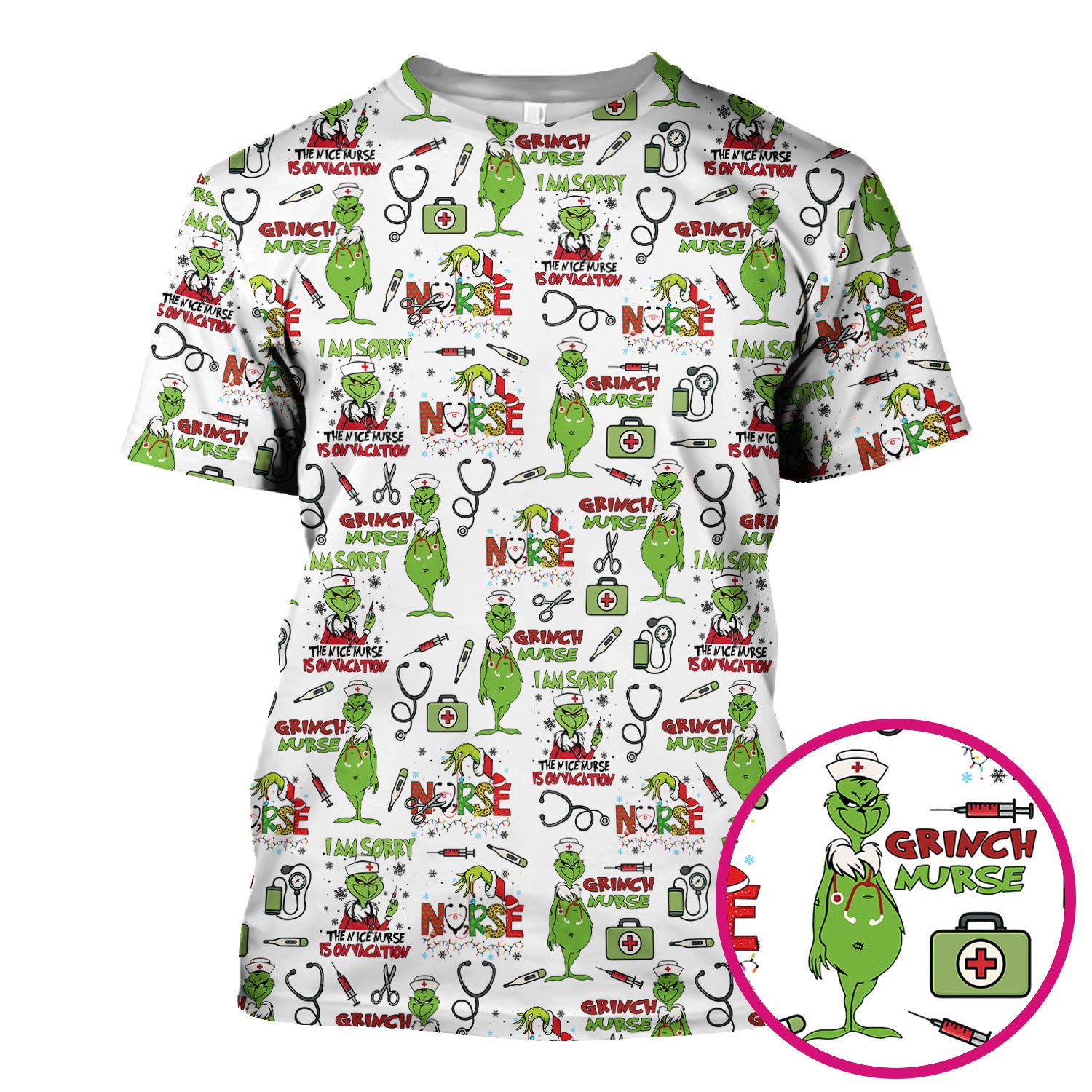 Grinch Nurse Scrub Top - Christmas Medical Uniform - Holiday Healthcare RN LPN CNA Gift