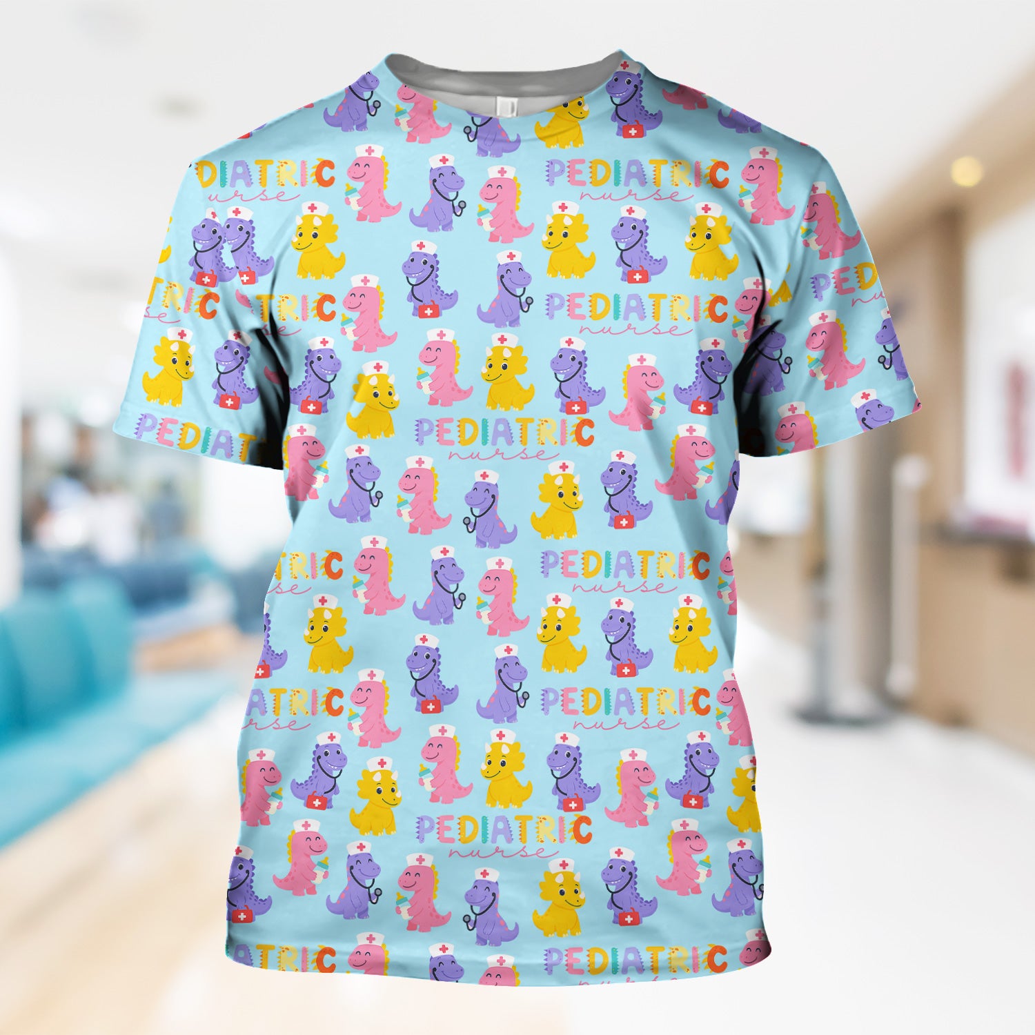Personalized Cute Pediatric Nurse Scrub Top - Funny Dinosaur Pattern  Design - Multiple Color Options Gift for Women PEDS RN LPN