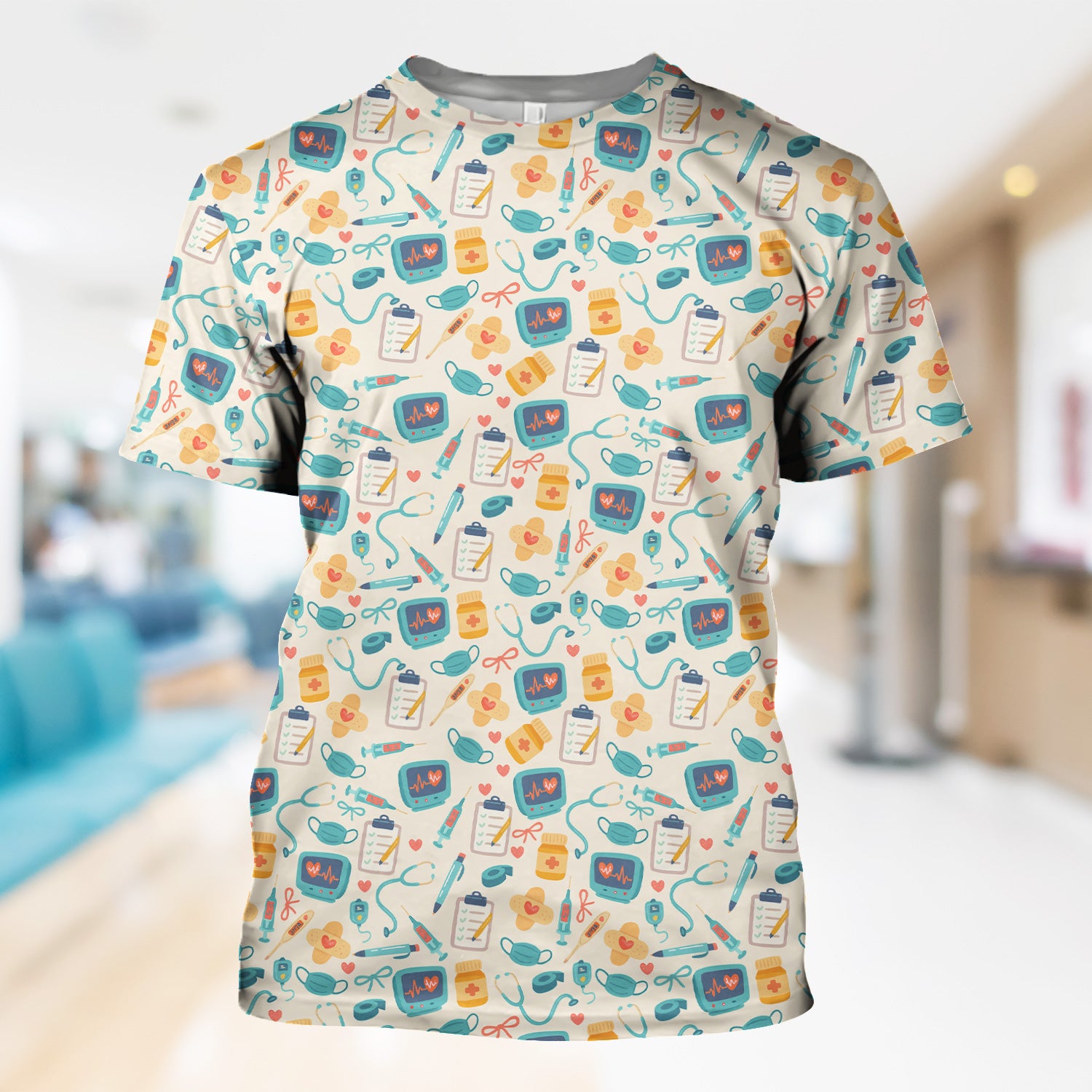 Funny Nurse Shirt with Medical Icons - Stethoscope Mask & Pills Graphic Tee - Gift for Women RN LPN CNA Workers