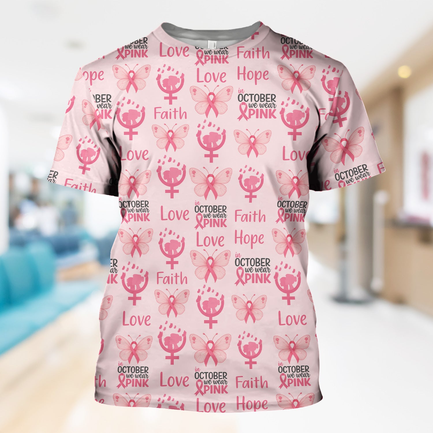Breast Cancer Awareness Nurse Scrub Top - Faith Hope Love & Pink Ribbon Butterfly Design - October Gift for RN LPN CNA