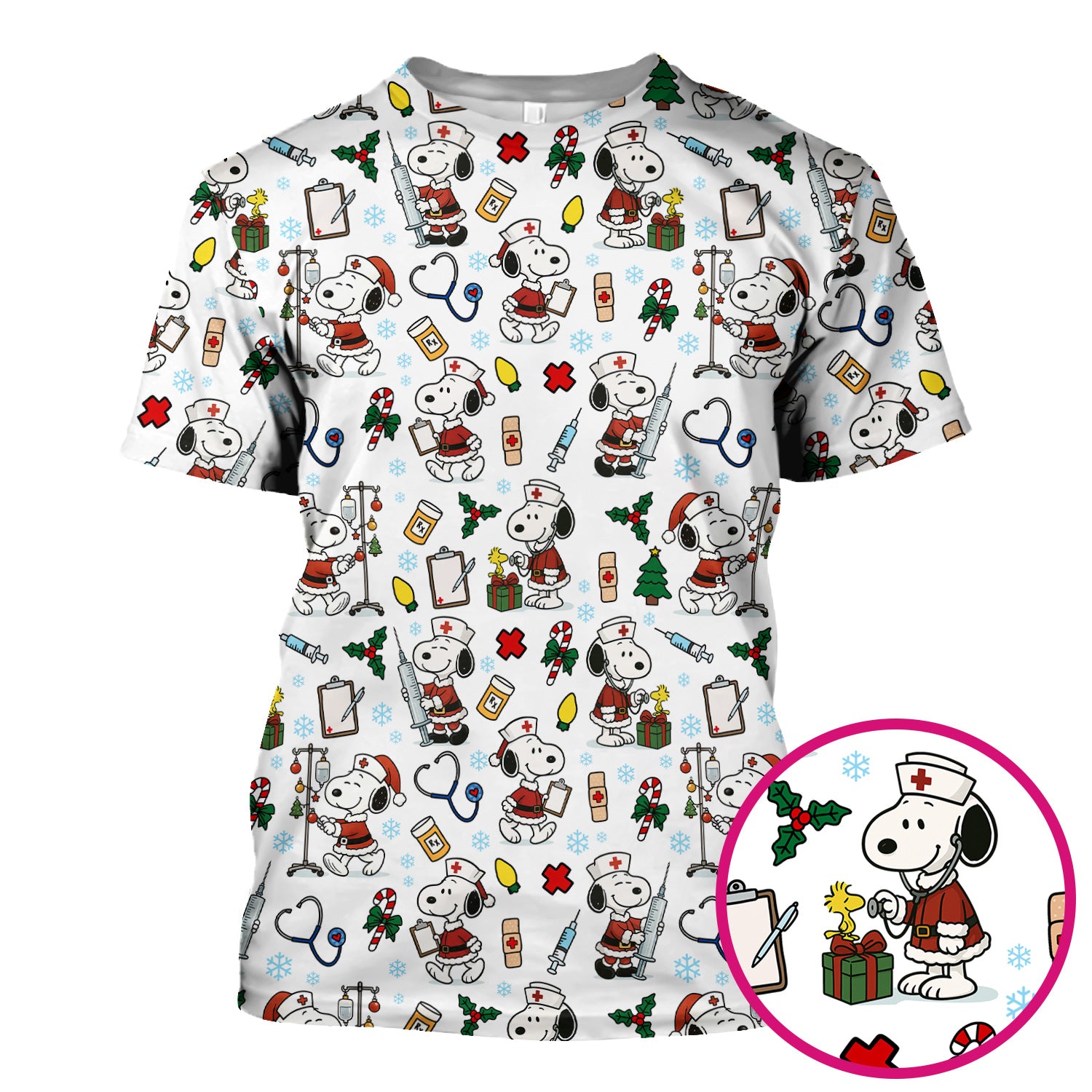Custom Christmas Scrub Top for Nurses - Snoopy Holiday Scrub Shirt Multi Color - Cute Funny Nursing Workwear with Pockets