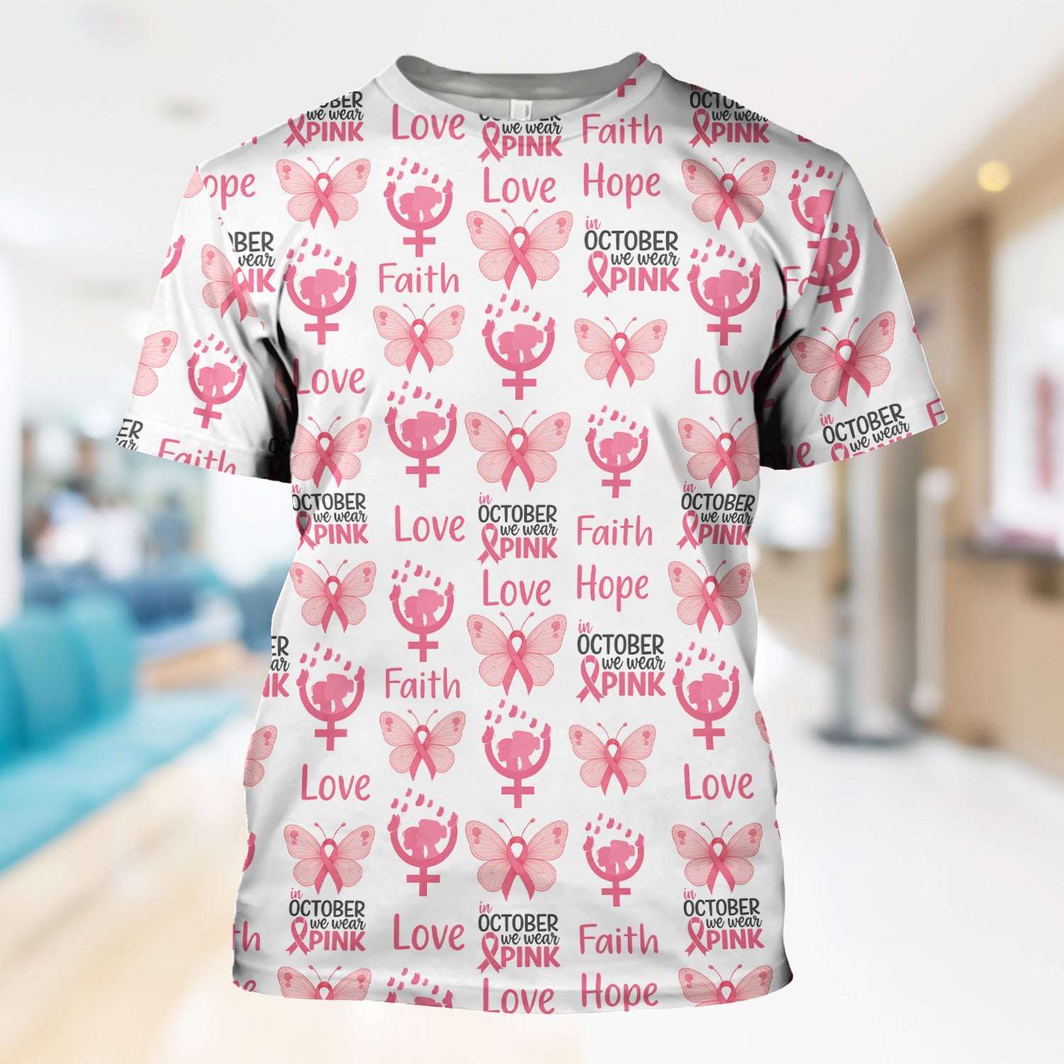 Breast Cancer Awareness Nurse Scrub Top - Faith Hope Love & Pink Ribbon Butterfly Design - October Gift for RN LPN CNA