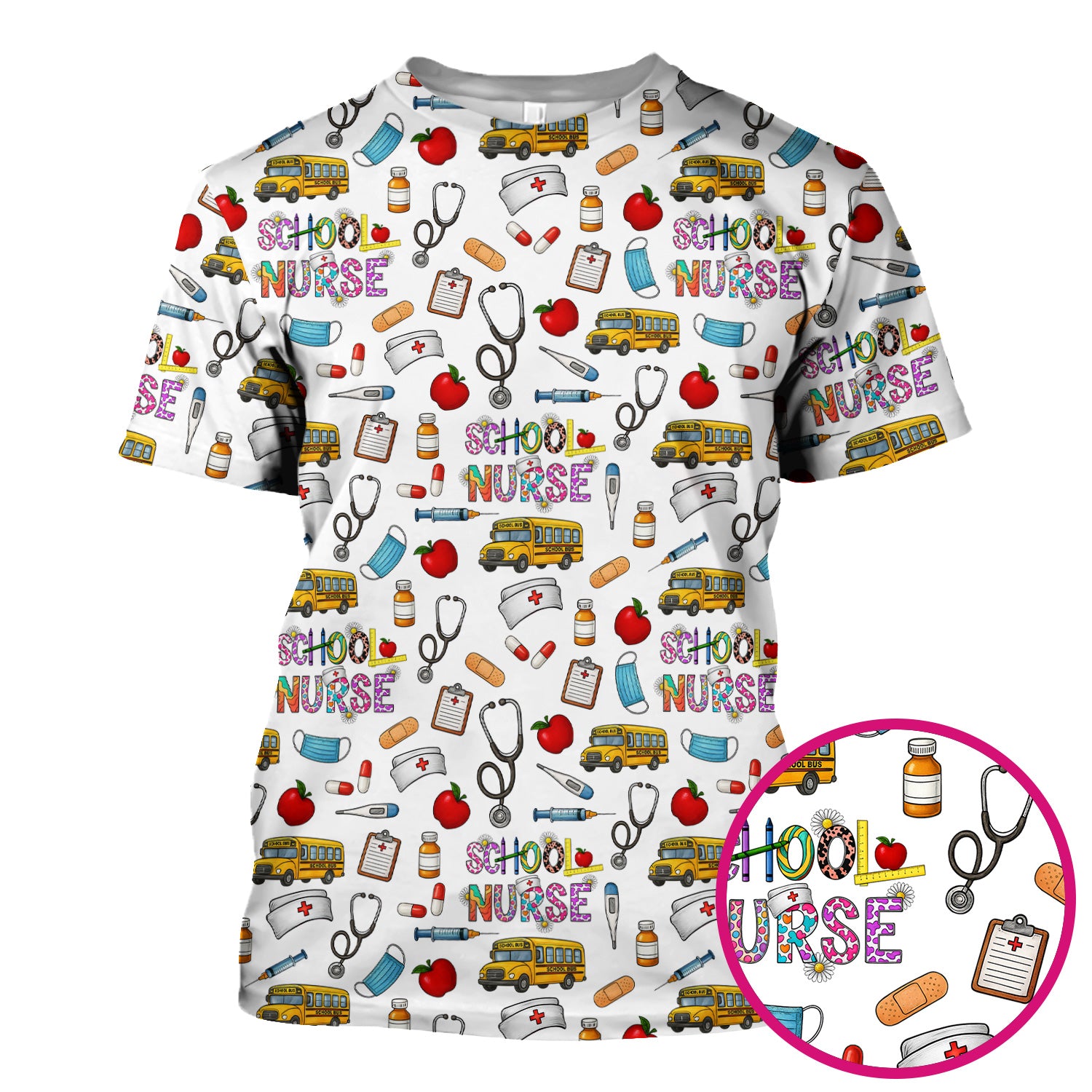 Cute School Nurse Scrub Top - Funny School Bus & Stethoscope Pattern Design - Gift for Women RN LPN