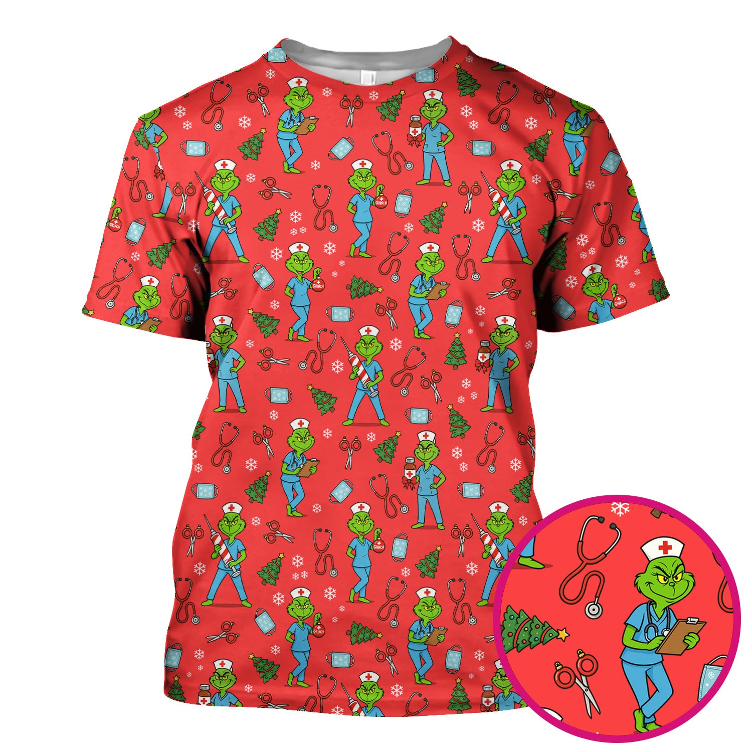Christmas Grinch Nurse Scrub Top - Funny Holiday Medical Uniform for Women - RN LPN CNA Gift