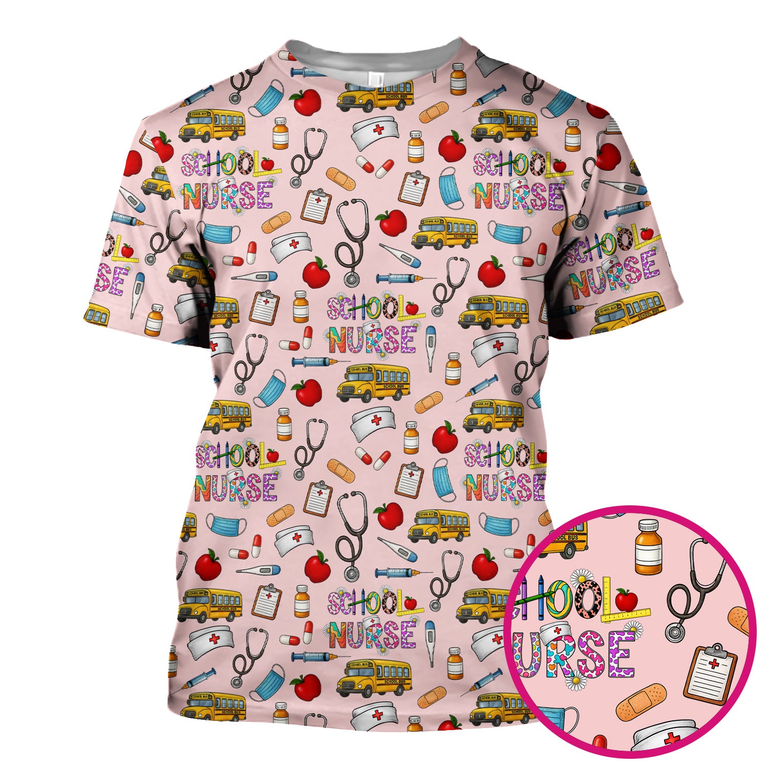 Cute School Nurse Scrub Top - Funny School Bus & Stethoscope Pattern Design - Gift for Women RN LPN