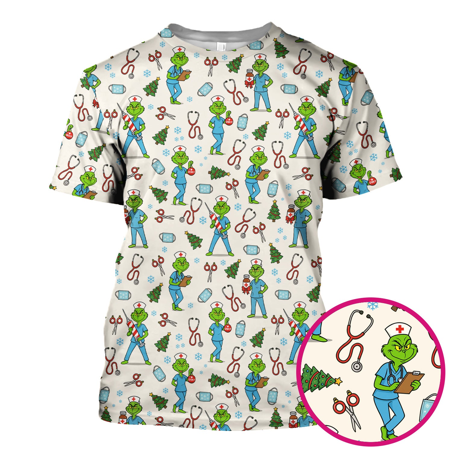Christmas Grinch Nurse Scrub Top - Funny Holiday Medical Uniform for Women - RN LPN CNA Gift