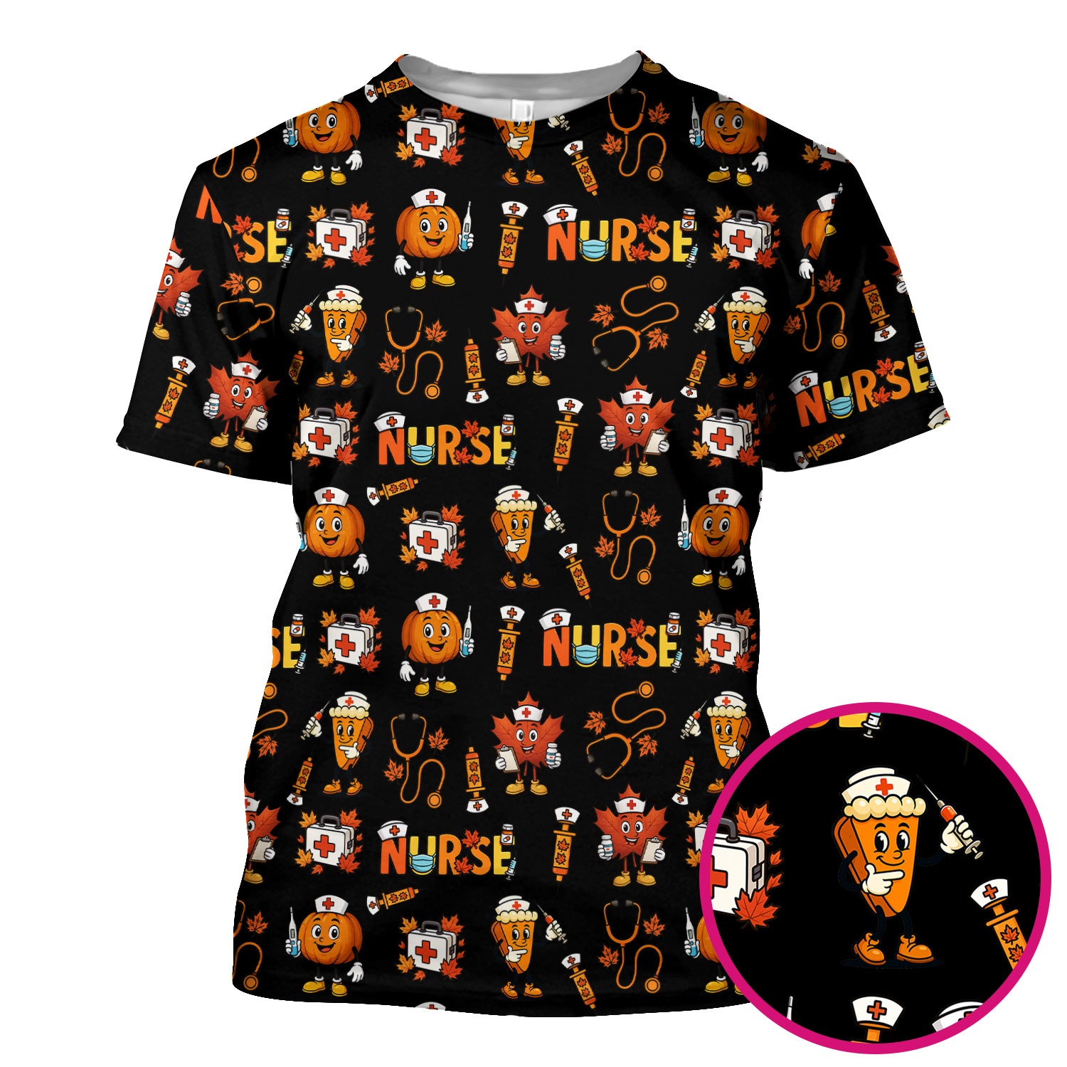Pumpkin Nurse Scrubs Top for Women - Cute Halloween Nursing Shirt - Funny Fall Scrub Top for Nurses and Medical Workers